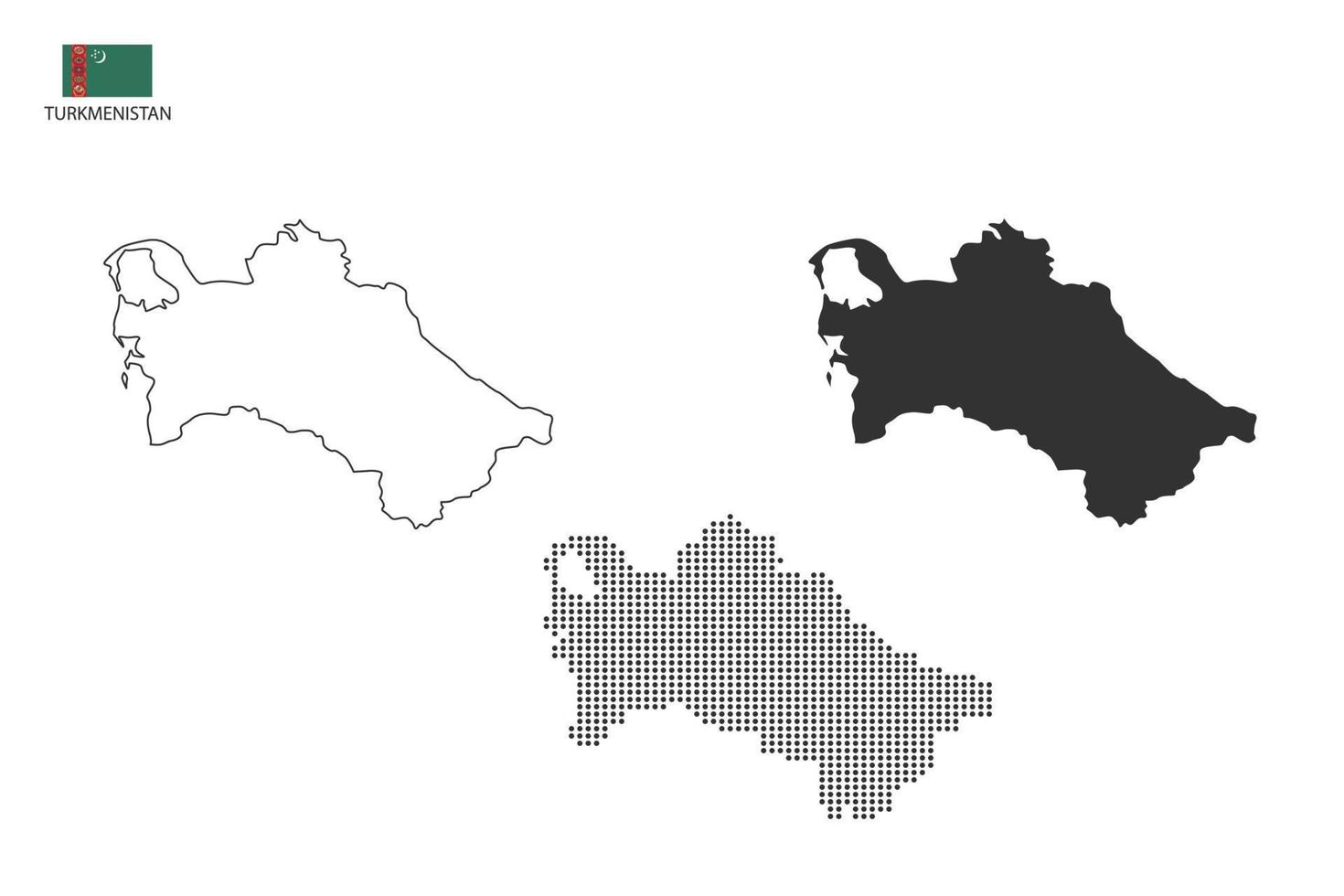 3 versiones del vector de la ciudad del mapa de turkmenistán por estilo de simplicidad de contorno negro delgado, estilo de punto negro y estilo de sombra oscura. todo en el fondo blanco.