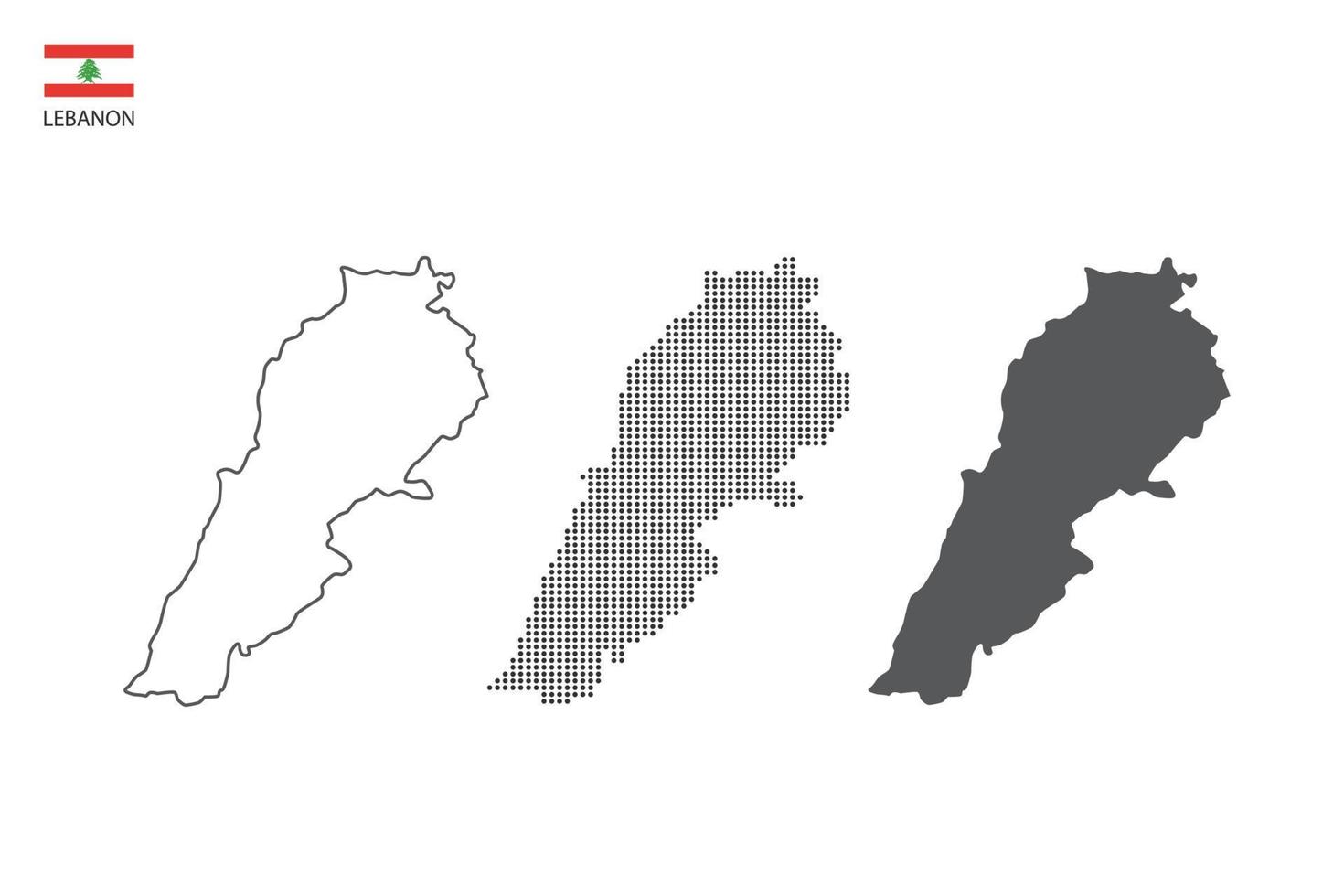 3 versiones del vector de la ciudad del mapa de Líbano por estilo de simplicidad de contorno negro delgado, estilo de punto negro y estilo de sombra oscura. todo en el fondo blanco.