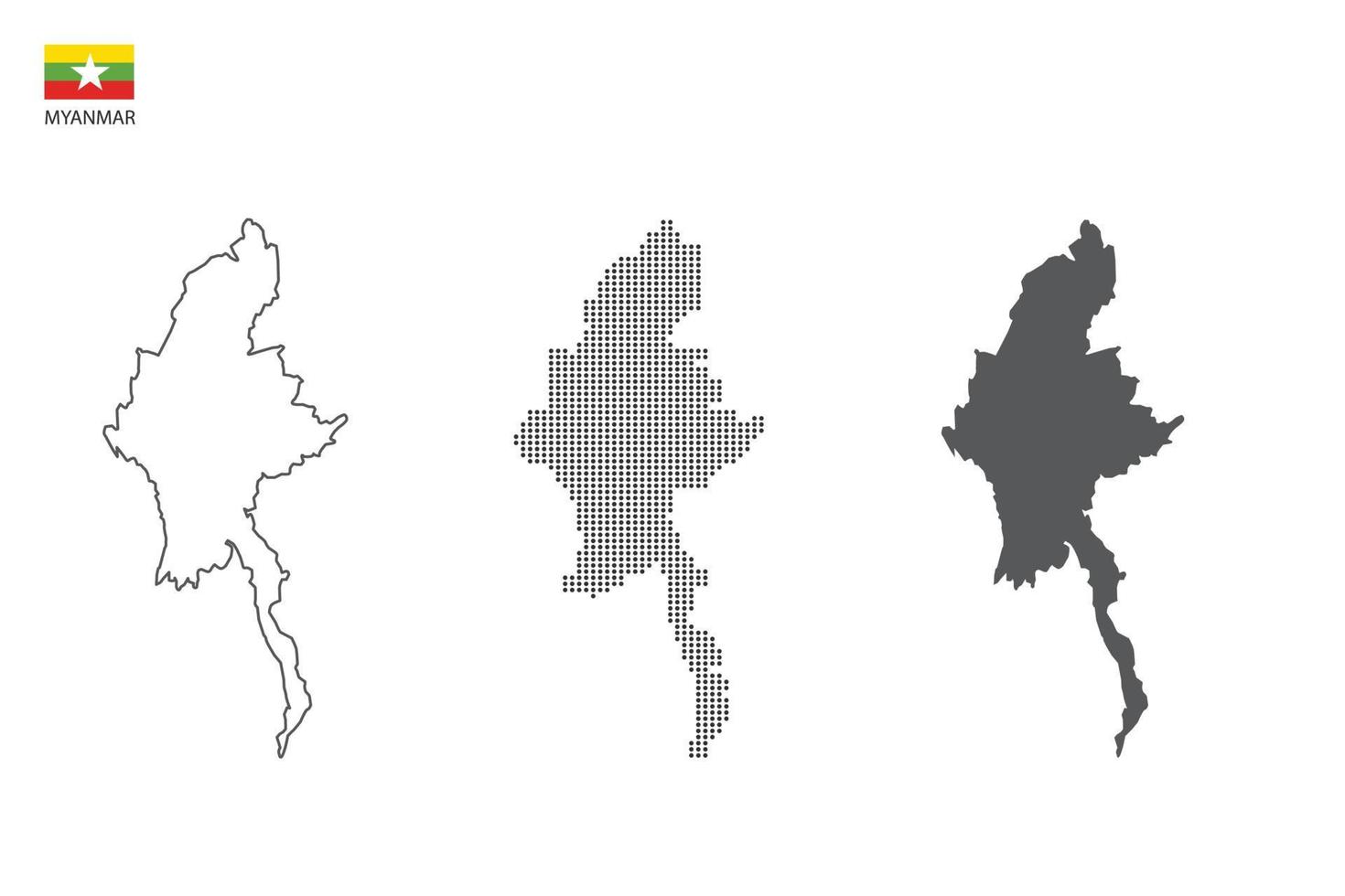 3 versiones del vector de la ciudad del mapa de myanmar por estilo de simplicidad de contorno negro delgado, estilo de punto negro y estilo de sombra oscura. todo en el fondo blanco.