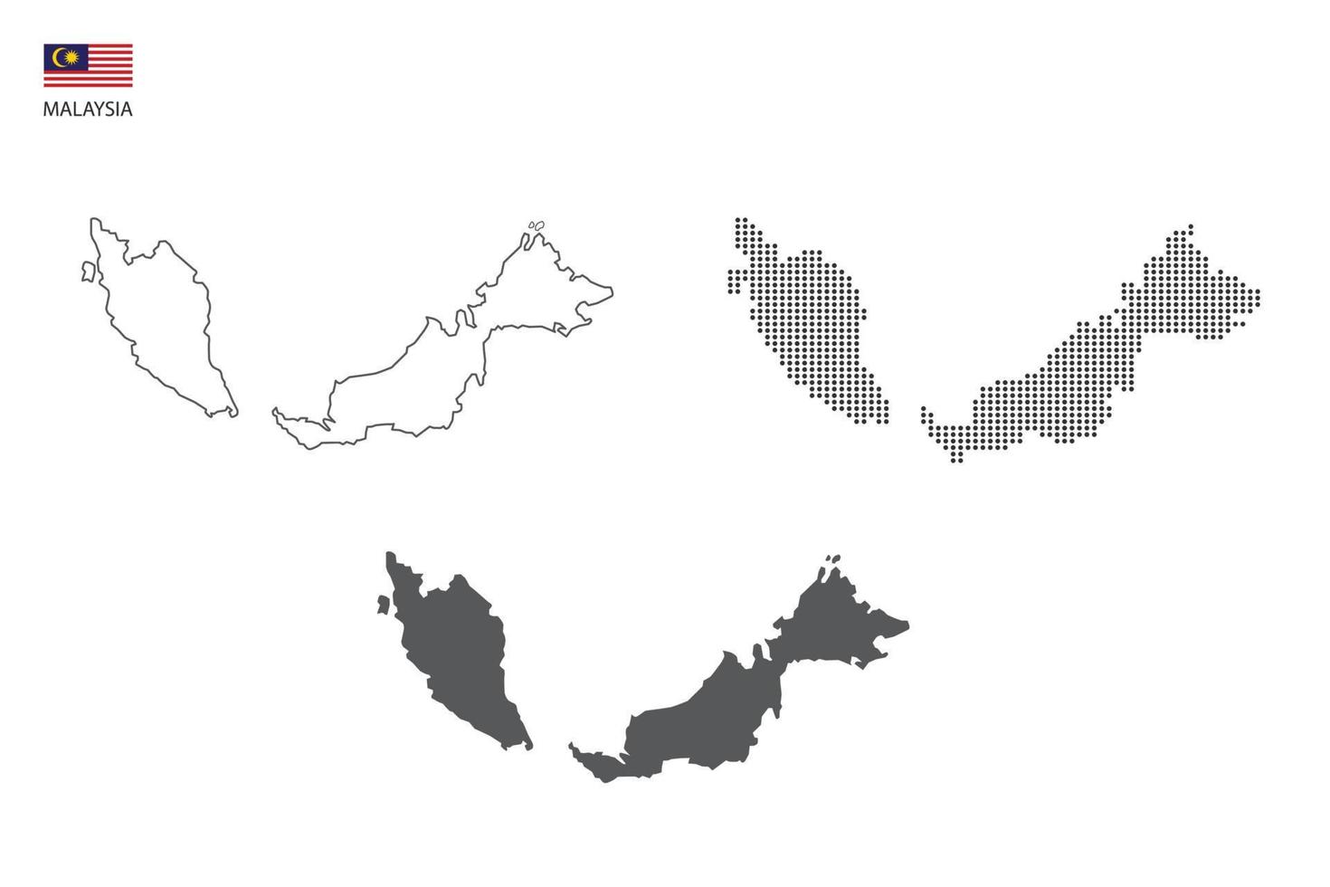 3 versions of Malaysia map city vector by thin black outline simplicity style, Black dot style and Dark shadow style. All in the white background.