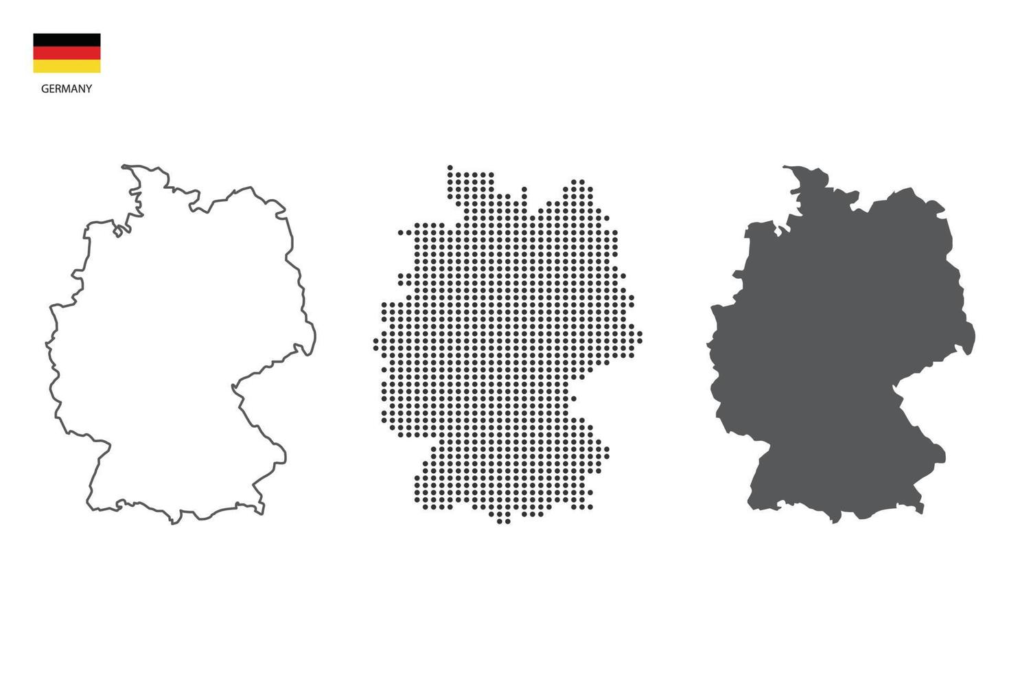 3 versiones del vector de la ciudad del mapa de Alemania por estilo de simplicidad de contorno negro delgado, estilo de punto negro y estilo de sombra oscura. todo en el fondo blanco.
