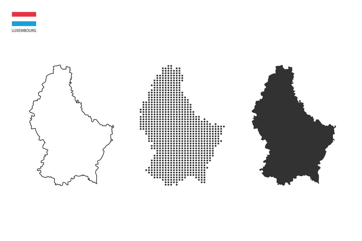 3 versiones del vector de la ciudad del mapa de luxemburgo por estilo de simplicidad de contorno negro delgado, estilo de punto negro y estilo de sombra oscura. todo en el fondo blanco.