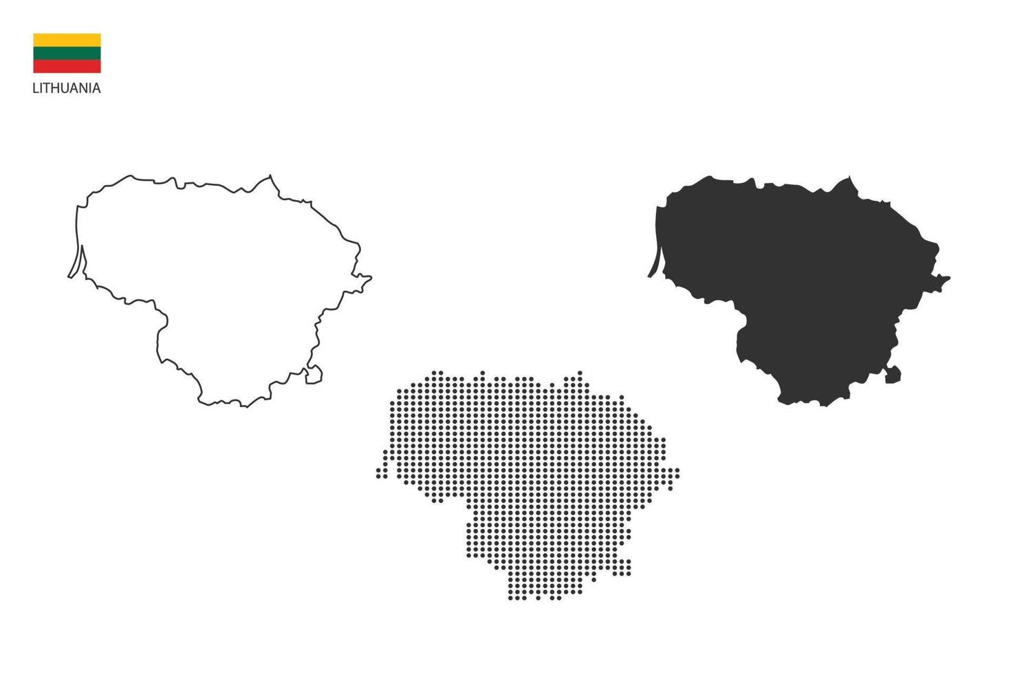 3 versiones del vector de la ciudad del mapa de lituania por estilo de simplicidad de contorno negro delgado, estilo de punto negro y estilo de sombra oscura. todo en el fondo blanco.