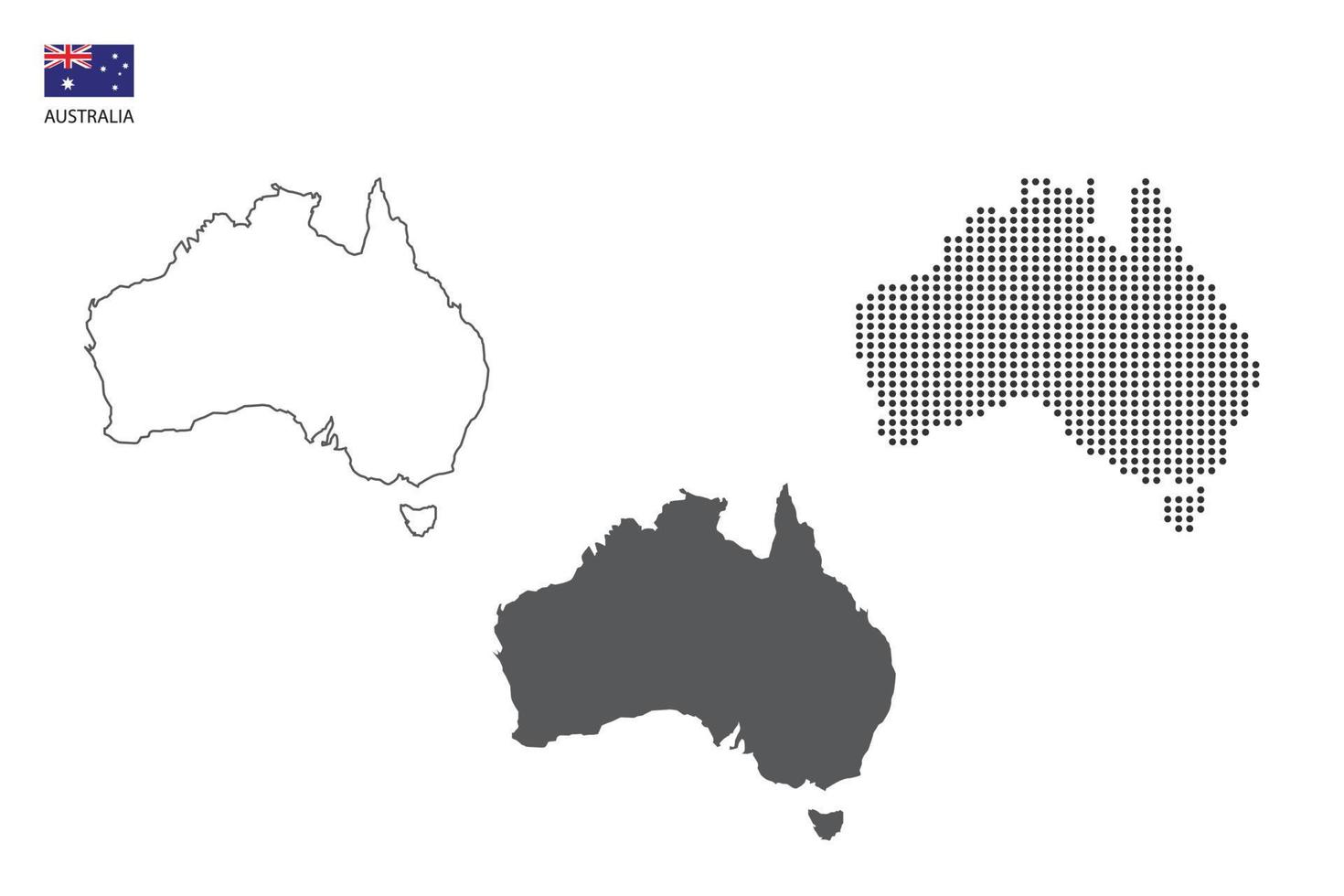 3 versiones del vector de la ciudad del mapa de australia por estilo de simplicidad de contorno negro delgado, estilo de punto negro y estilo de sombra oscura. todo en el fondo blanco.