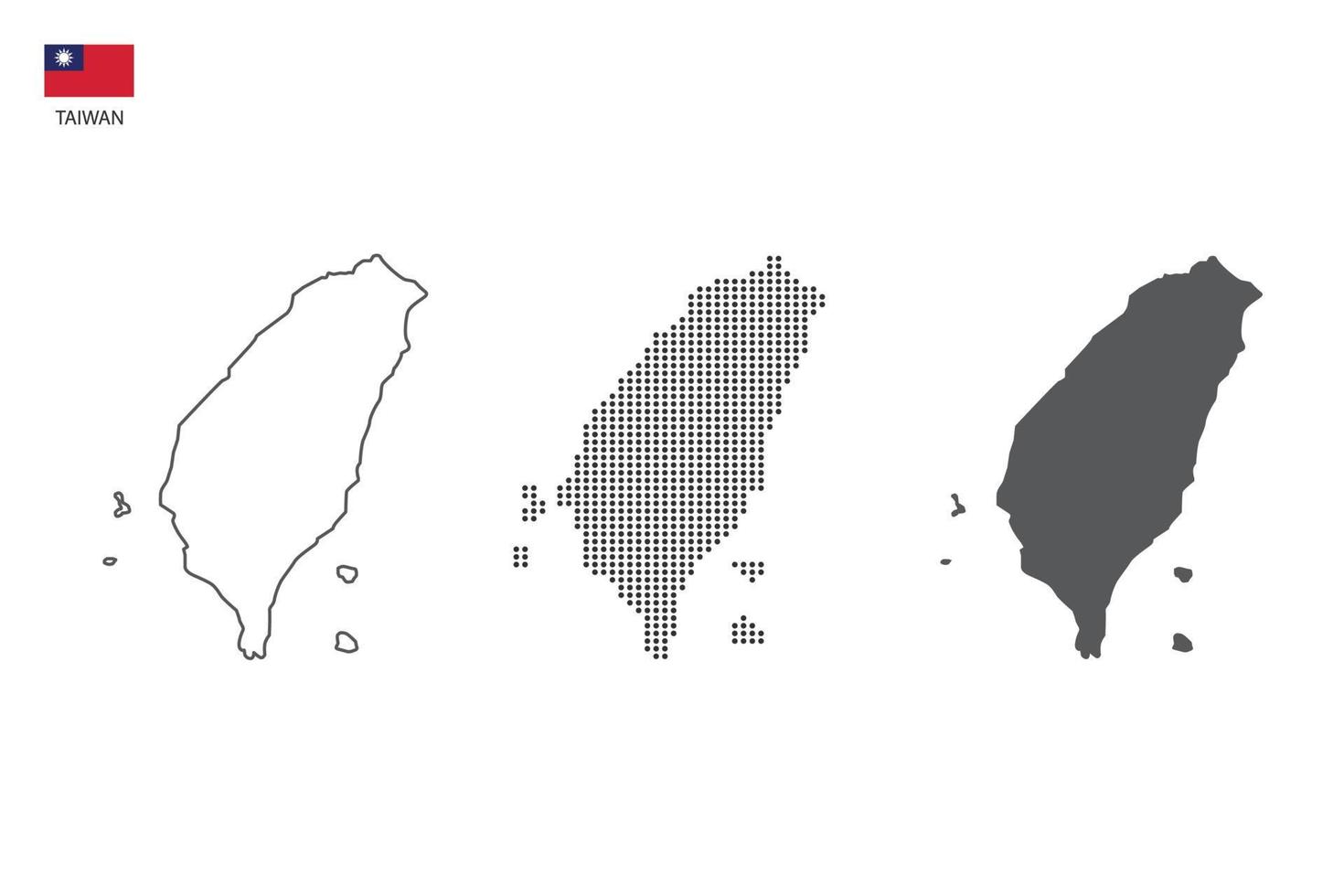 3 versiones del vector de la ciudad del mapa de taiwán por estilo de simplicidad de contorno negro delgado, estilo de punto negro y estilo de sombra oscura. todo en el fondo blanco.