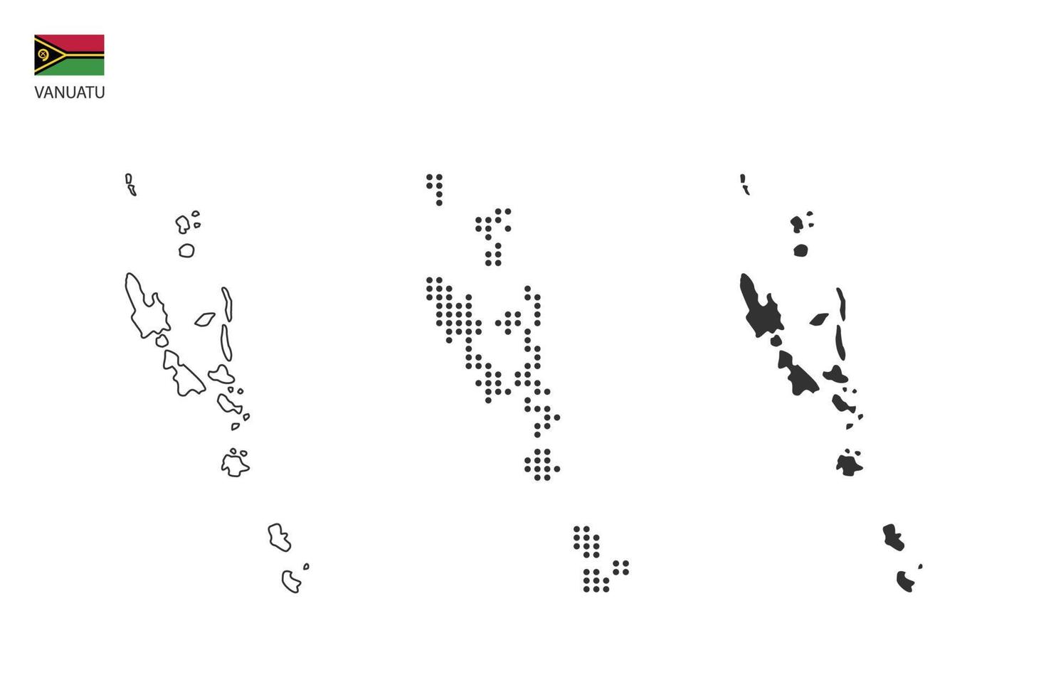 3 versiones del vector de la ciudad del mapa de vanuatu por estilo de simplicidad de contorno negro delgado, estilo de punto negro y estilo de sombra oscura. todo en el fondo blanco.