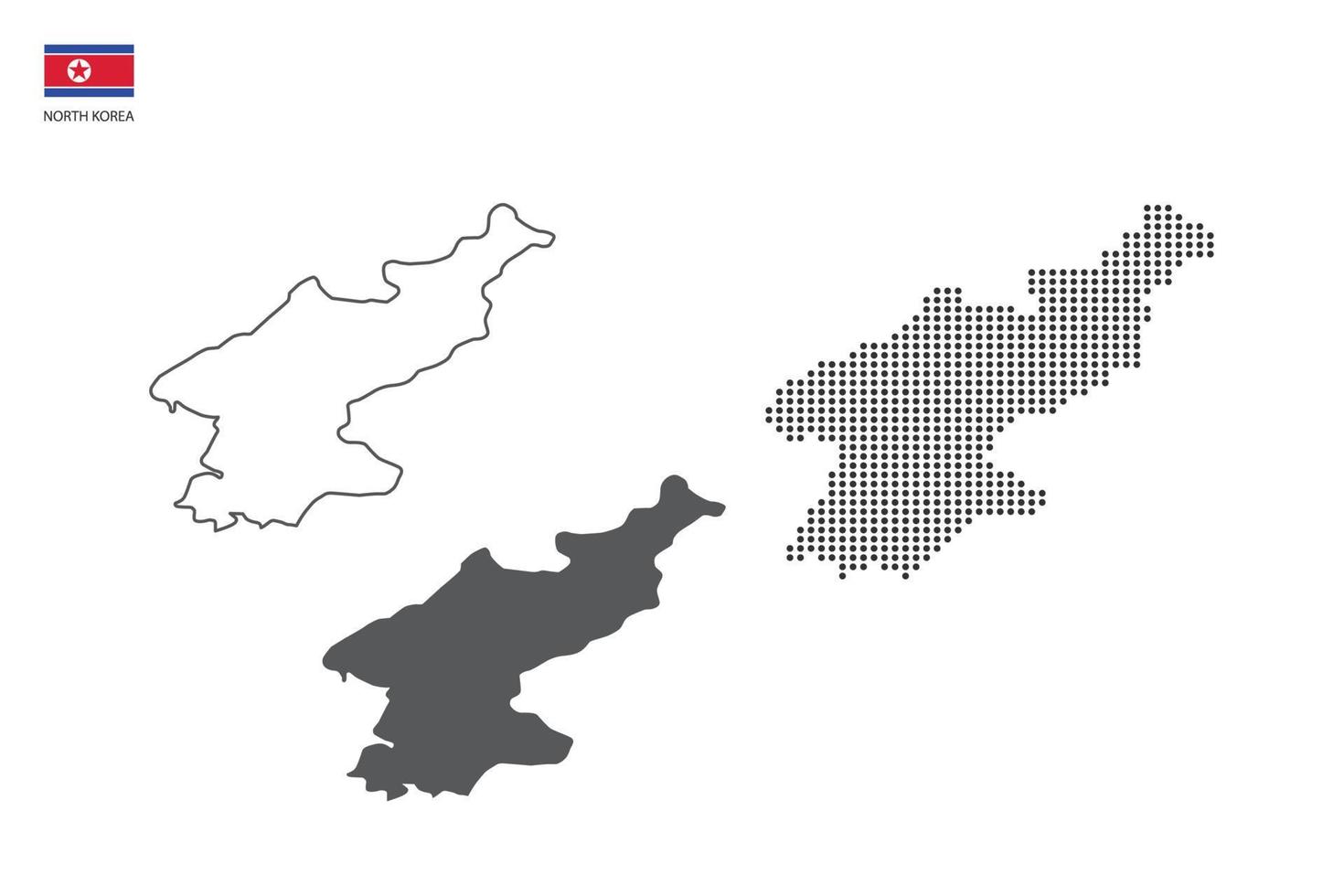 3 versiones del vector de la ciudad del mapa de corea del norte por estilo de simplicidad de contorno negro delgado, estilo de punto negro y estilo de sombra oscura. todo en el fondo blanco.