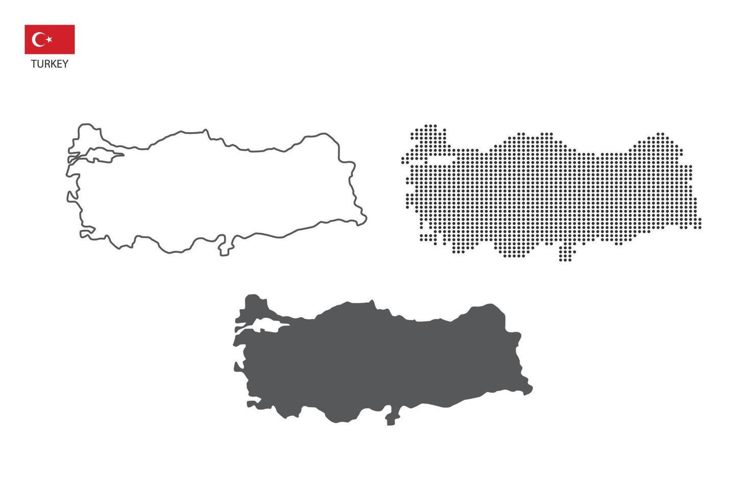 3 versiones del vector de la ciudad del mapa de Turquía por estilo de simplicidad de contorno negro delgado, estilo de punto negro y estilo de sombra oscura. todo en el fondo blanco.