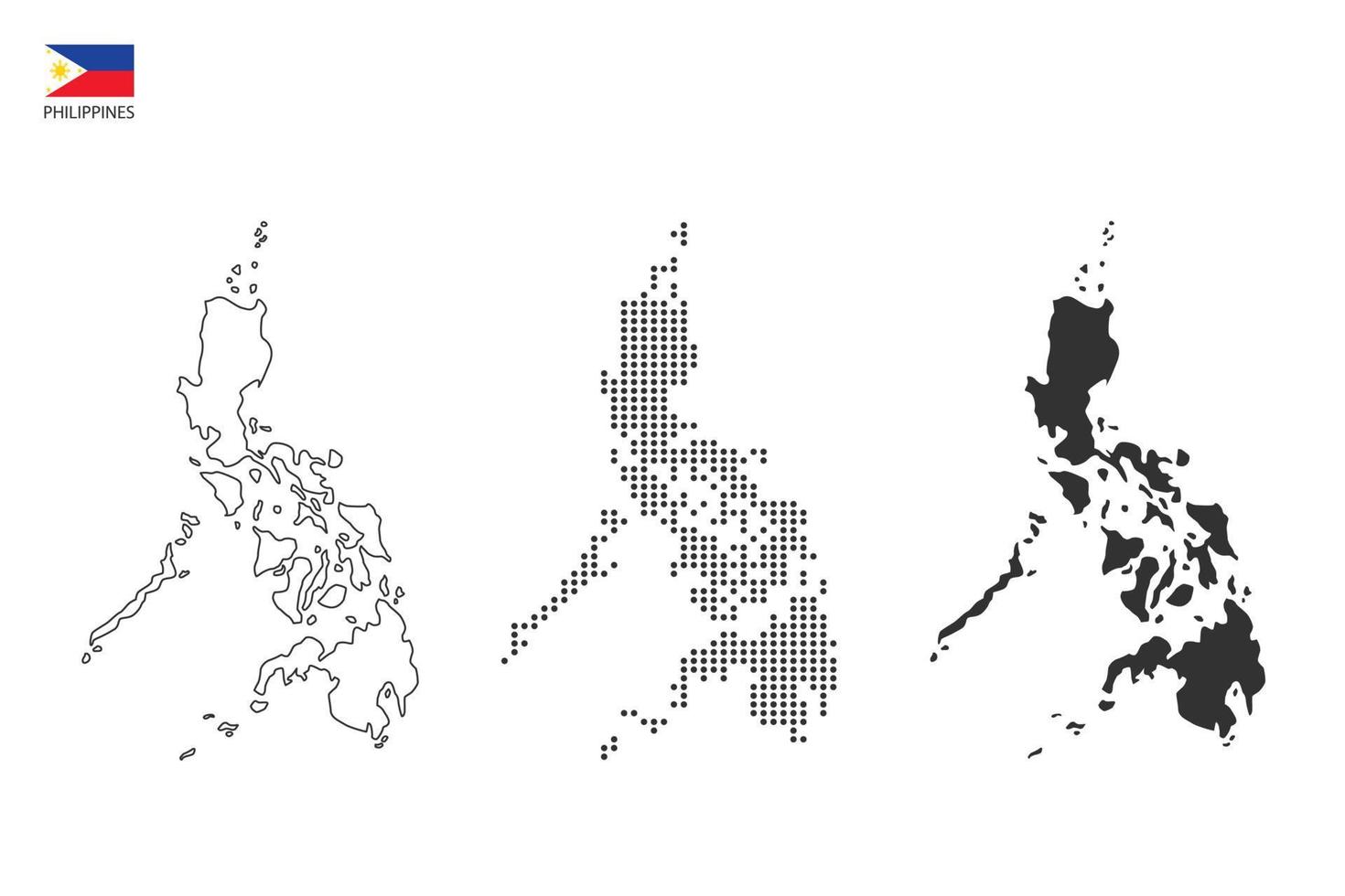 3 versiones del vector de la ciudad del mapa de filipinas por estilo de simplicidad de contorno negro delgado, estilo de punto negro y estilo de sombra oscura. todo en el fondo blanco.