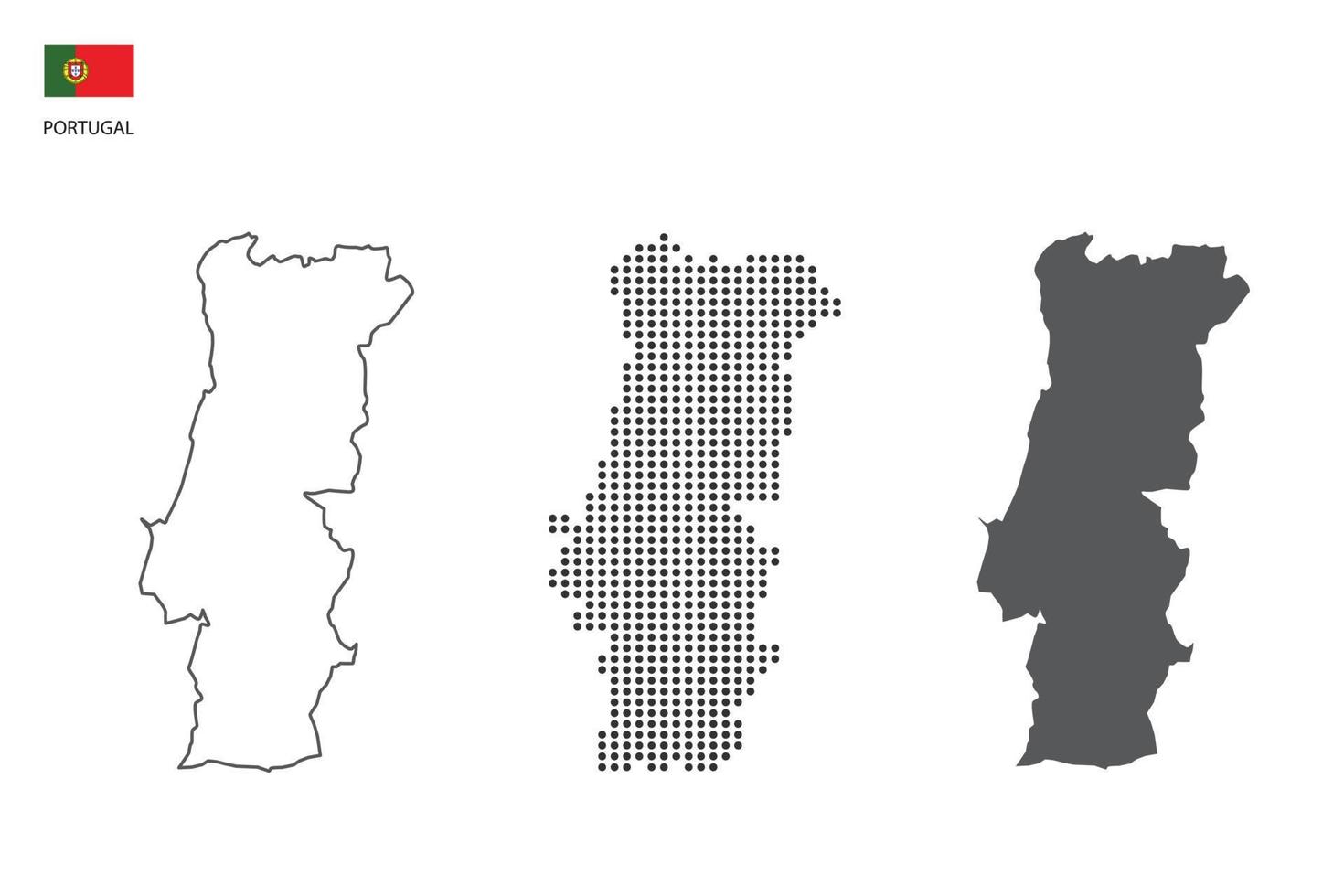 3 versiones del vector de la ciudad del mapa de portugal por estilo de simplicidad de contorno negro delgado, estilo de punto negro y estilo de sombra oscura. todo en el fondo blanco.