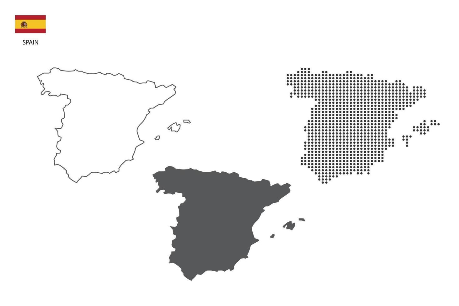 3 versiones del vector de la ciudad del mapa de españa por estilo de simplicidad de contorno negro delgado, estilo de punto negro y estilo de sombra oscura. todo en el fondo blanco.