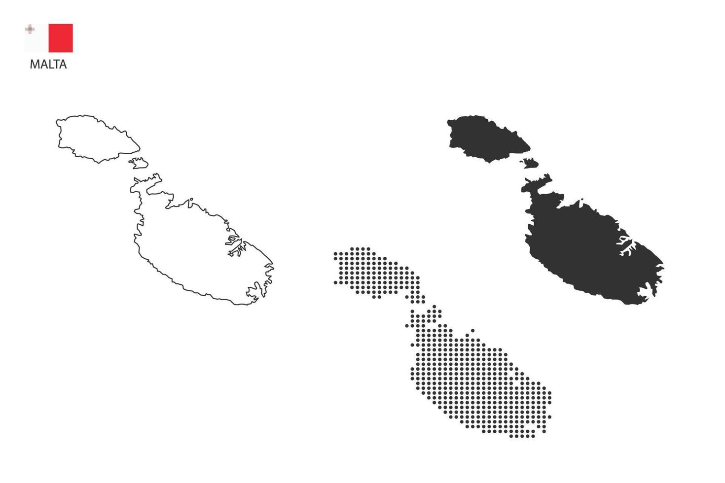 3 versiones del vector de la ciudad del mapa de malta por estilo de simplicidad de contorno negro delgado, estilo de punto negro y estilo de sombra oscura. todo en el fondo blanco.