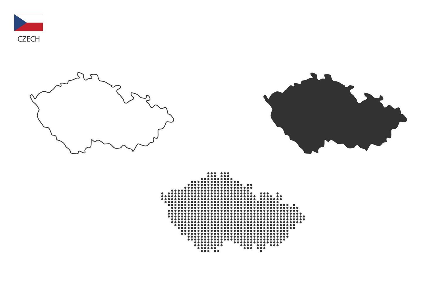 3 versiones del vector de la ciudad del mapa checo por estilo de simplicidad de contorno negro delgado, estilo de punto negro y estilo de sombra oscura. todo en el fondo blanco.