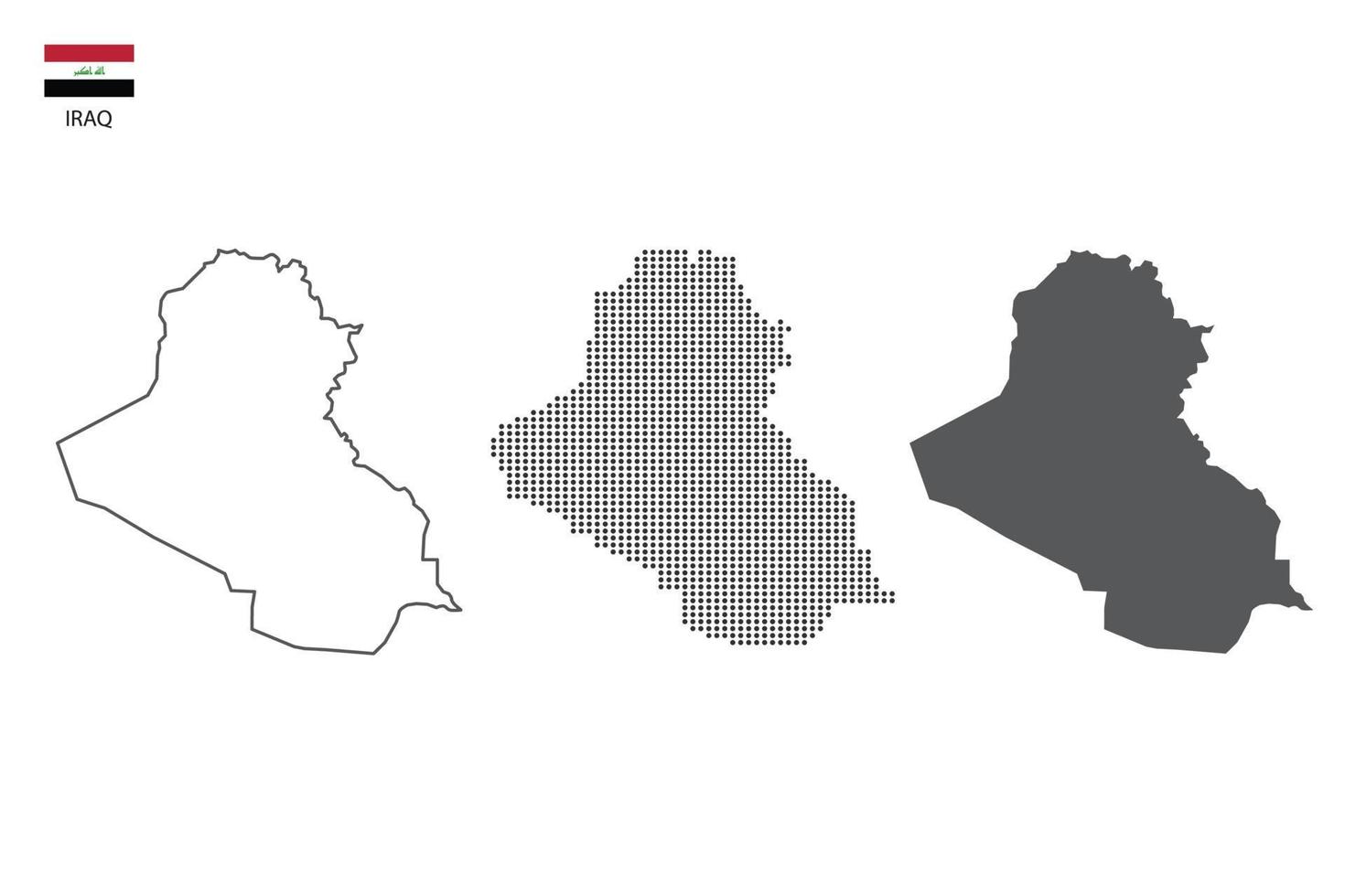 3 versiones del vector de la ciudad del mapa de irak por estilo de simplicidad de contorno negro delgado, estilo de punto negro y estilo de sombra oscura. todo en el fondo blanco.