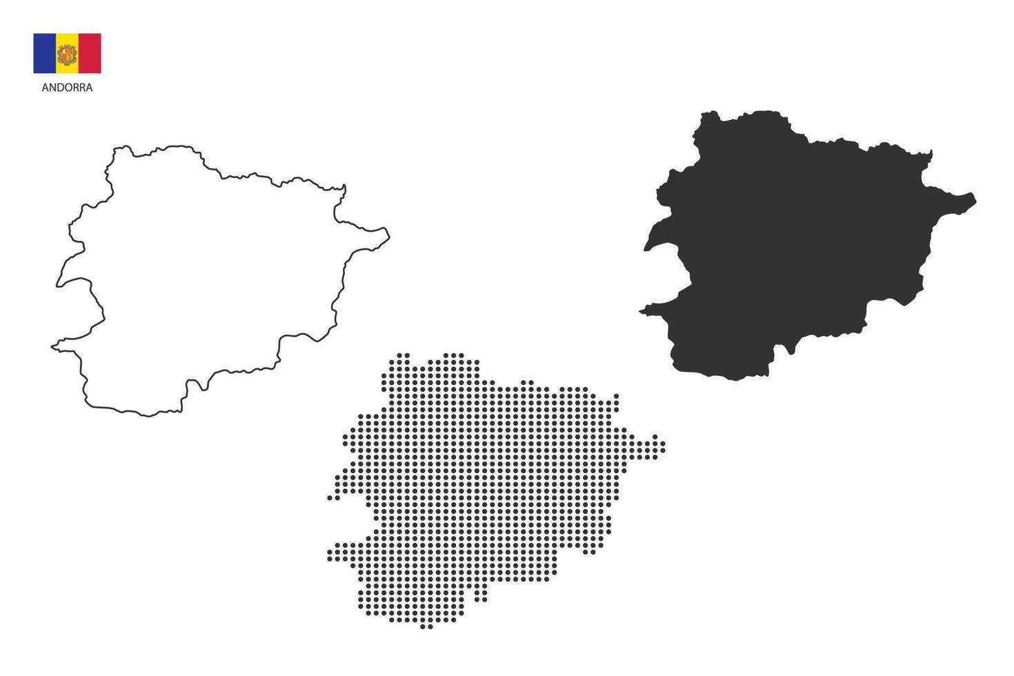 3 versiones del vector de la ciudad del mapa de andorra por estilo de simplicidad de contorno negro delgado, estilo de punto negro y estilo de sombra oscura. todo en el fondo blanco.