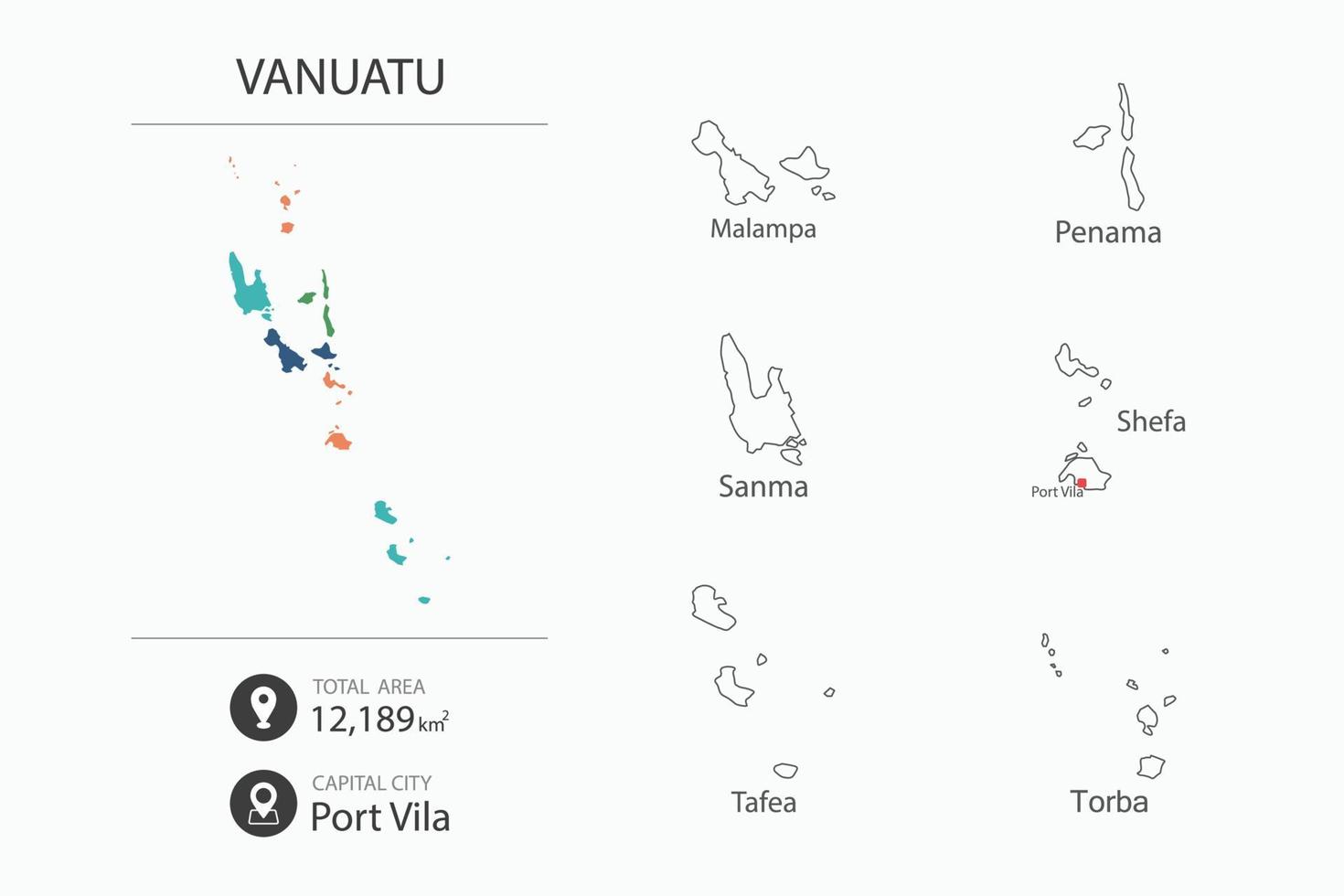 Map of Vanuatu with detailed country map. Map elements of cities, total areas and capital. vector