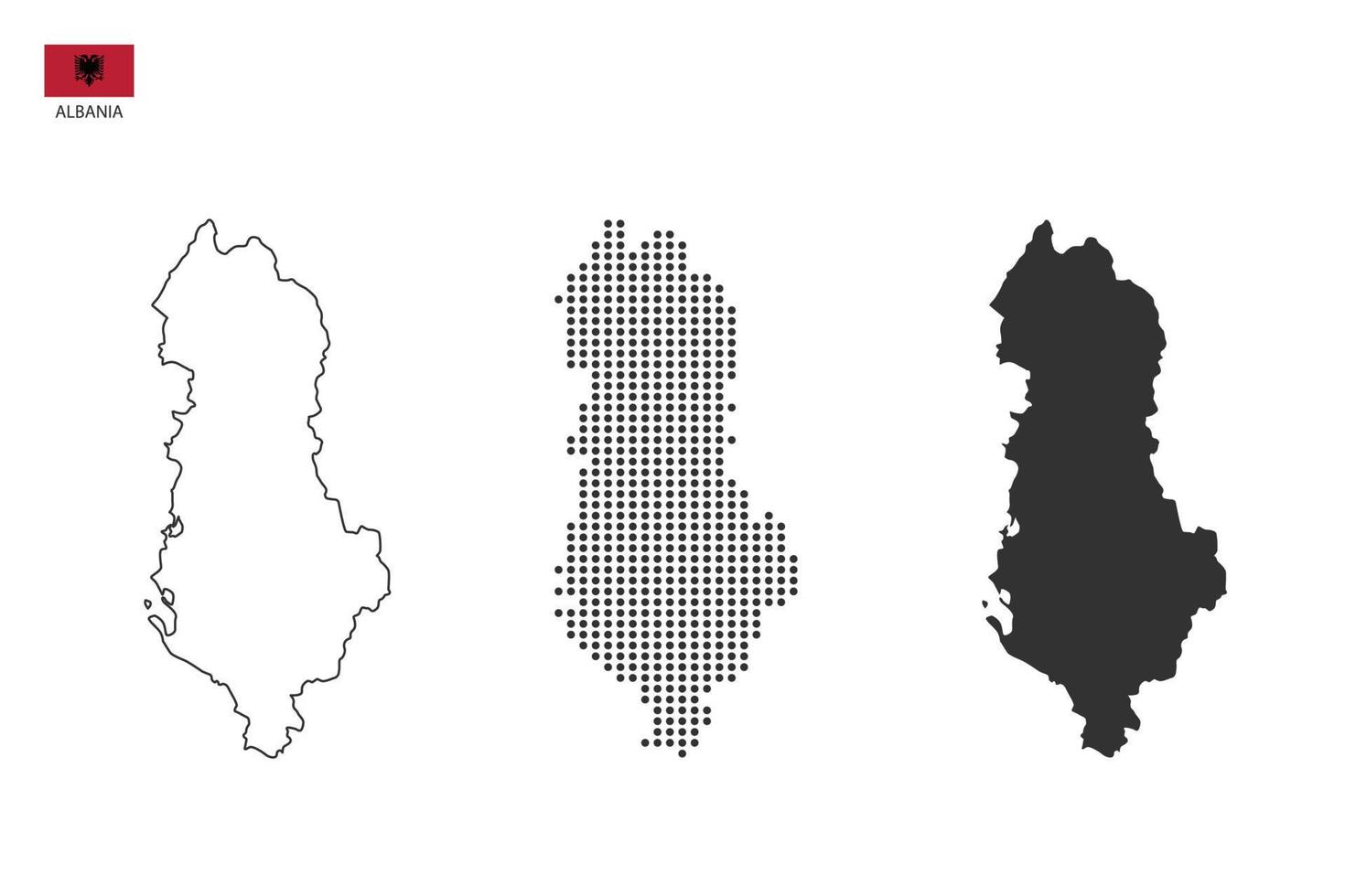 3 versiones del vector de la ciudad del mapa de albania por estilo de simplicidad de contorno negro delgado, estilo de punto negro y estilo de sombra oscura. todo en el fondo blanco.