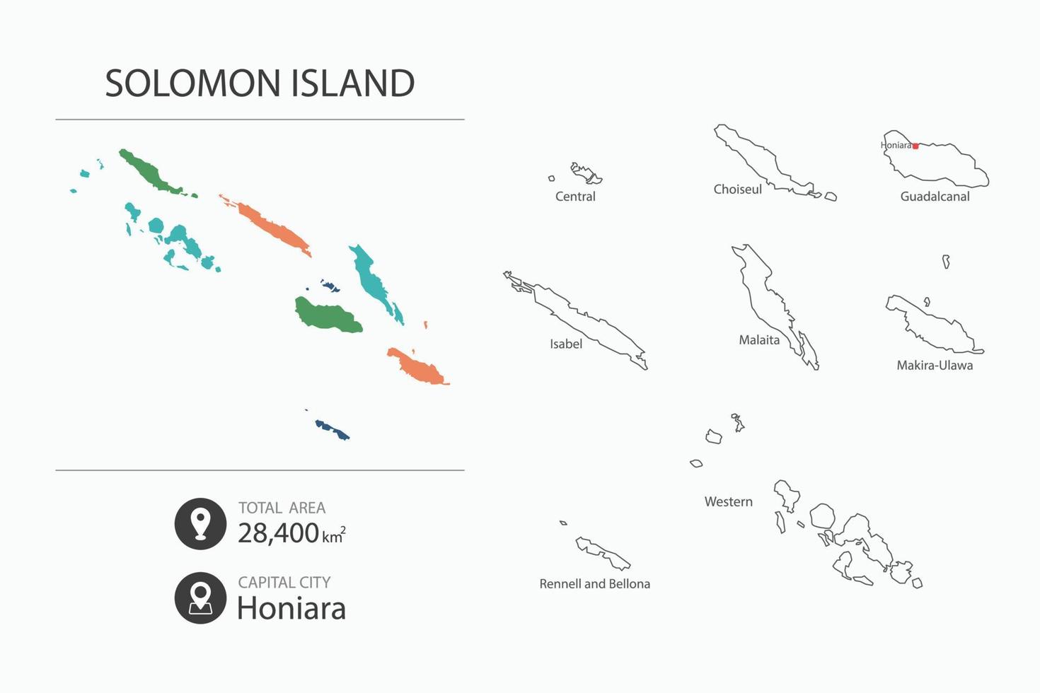 Map of Solomon Island with detailed country map. Map elements of cities, total areas and capital. vector