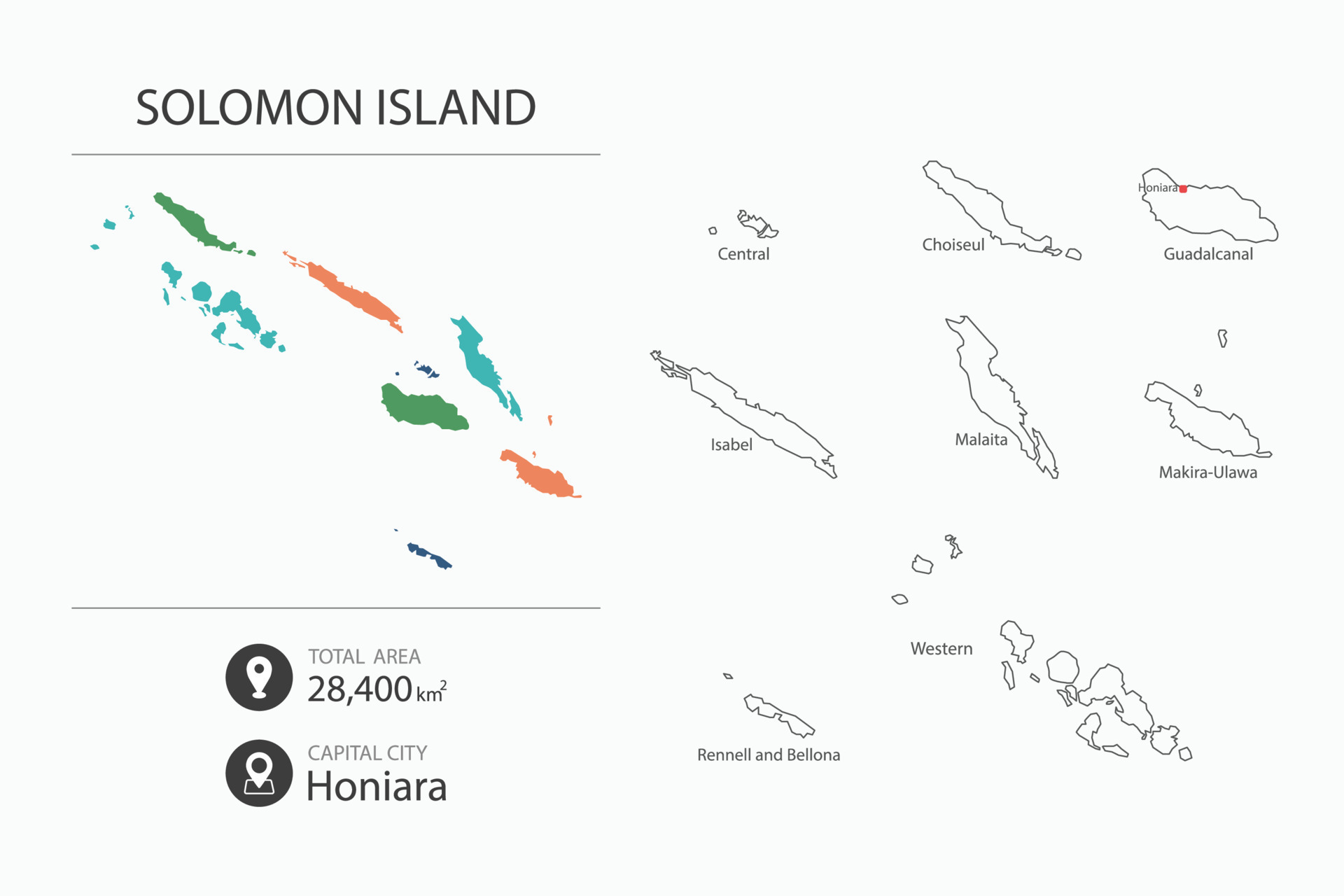 Map of Solomon Island with detailed country map. Map elements of cities