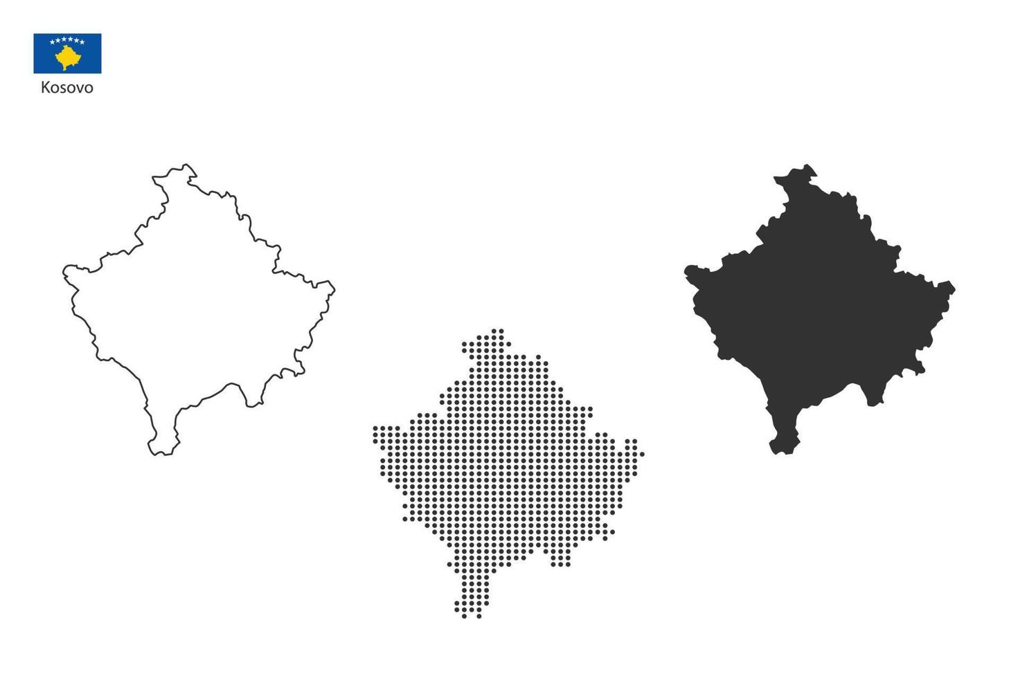 3 versions of Kosovo map city vector by thin black outline simplicity style, Black dot style and Dark shadow style. All in the white background.