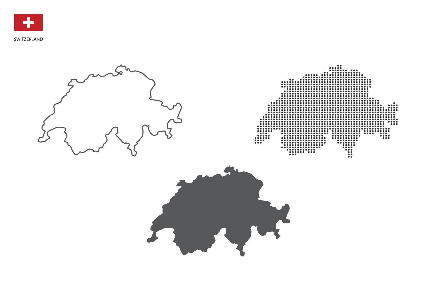 3 versiones del vector de la ciudad del mapa de Suiza por estilo de simplicidad de contorno negro delgado, estilo de punto negro y estilo de sombra oscura. todo en el fondo blanco.