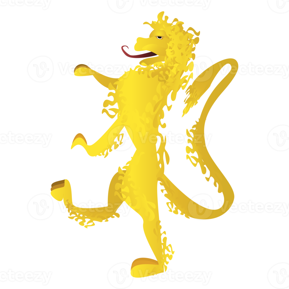 Golden lion in realistic style. Heraldic symbol, Icon. Colorful PNG illustration.
