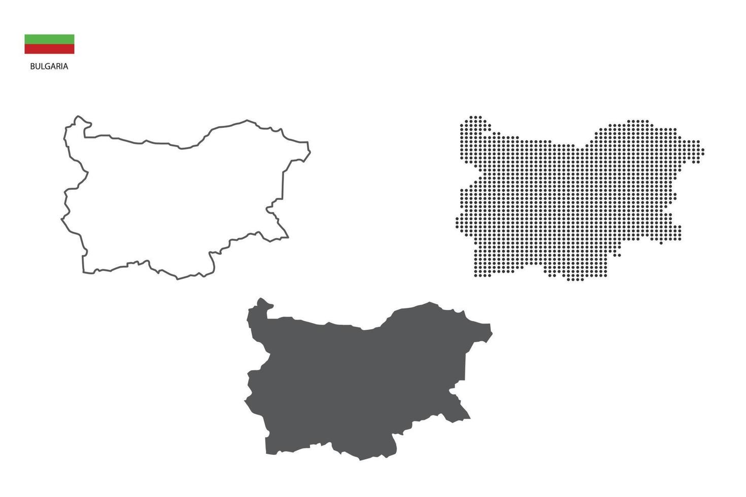 3 versiones del vector de la ciudad del mapa de bulgaria por estilo de simplicidad de contorno negro delgado, estilo de punto negro y estilo de sombra oscura. todo en el fondo blanco.