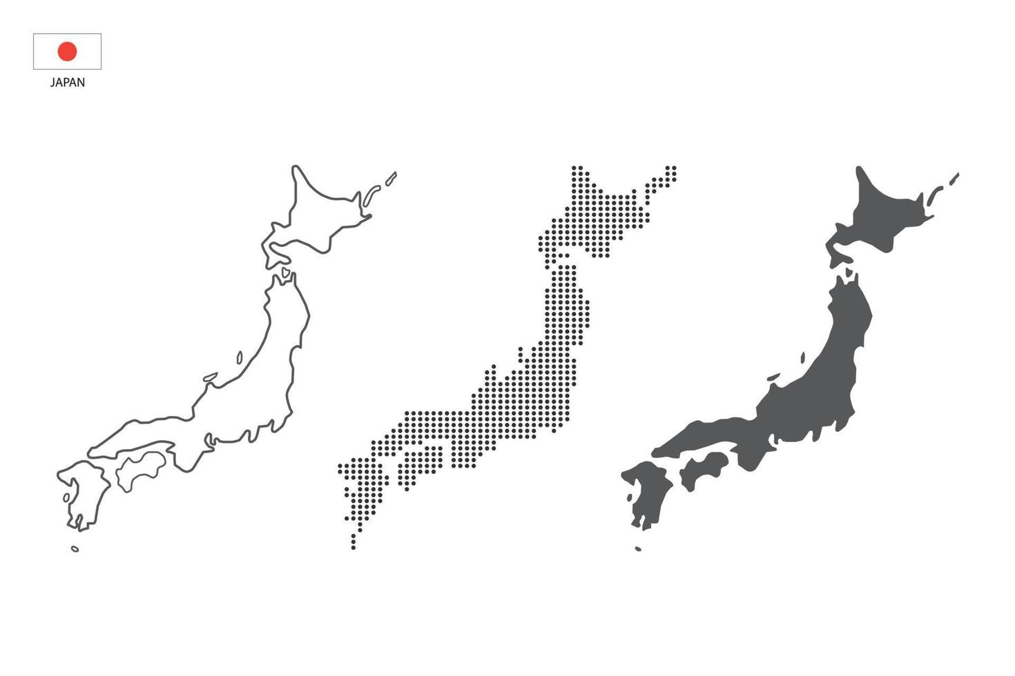 3 versions of Japan map city vector by thin black outline simplicity style, Black dot style and Dark shadow style. All in the white background.