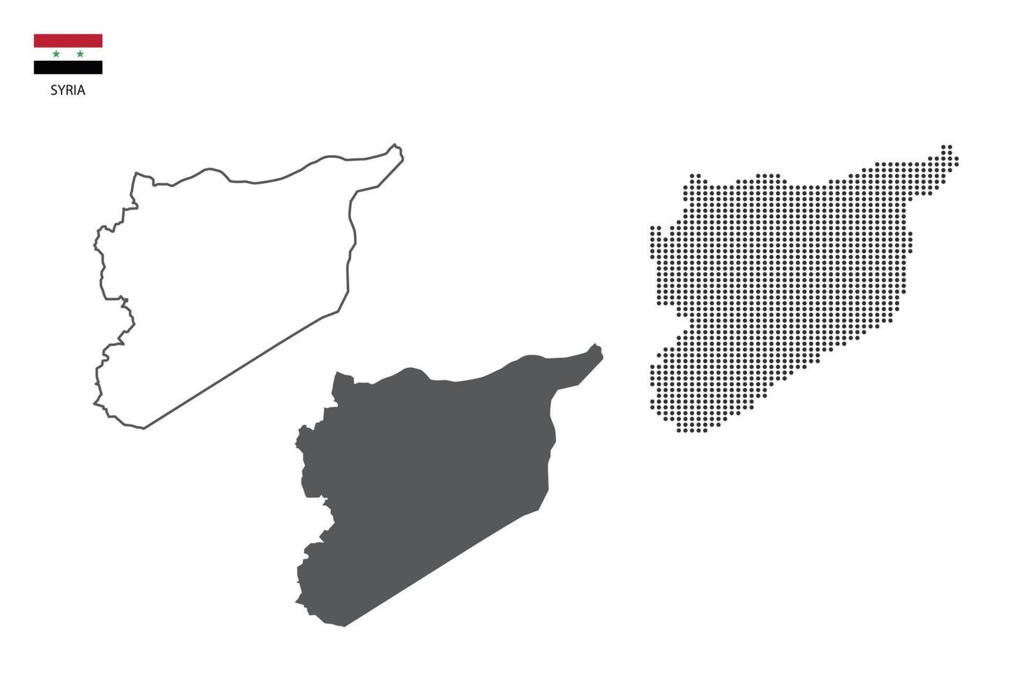 3 versiones del vector de la ciudad del mapa de Siria por estilo de simplicidad de contorno negro delgado, estilo de punto negro y estilo de sombra oscura. todo en el fondo blanco.