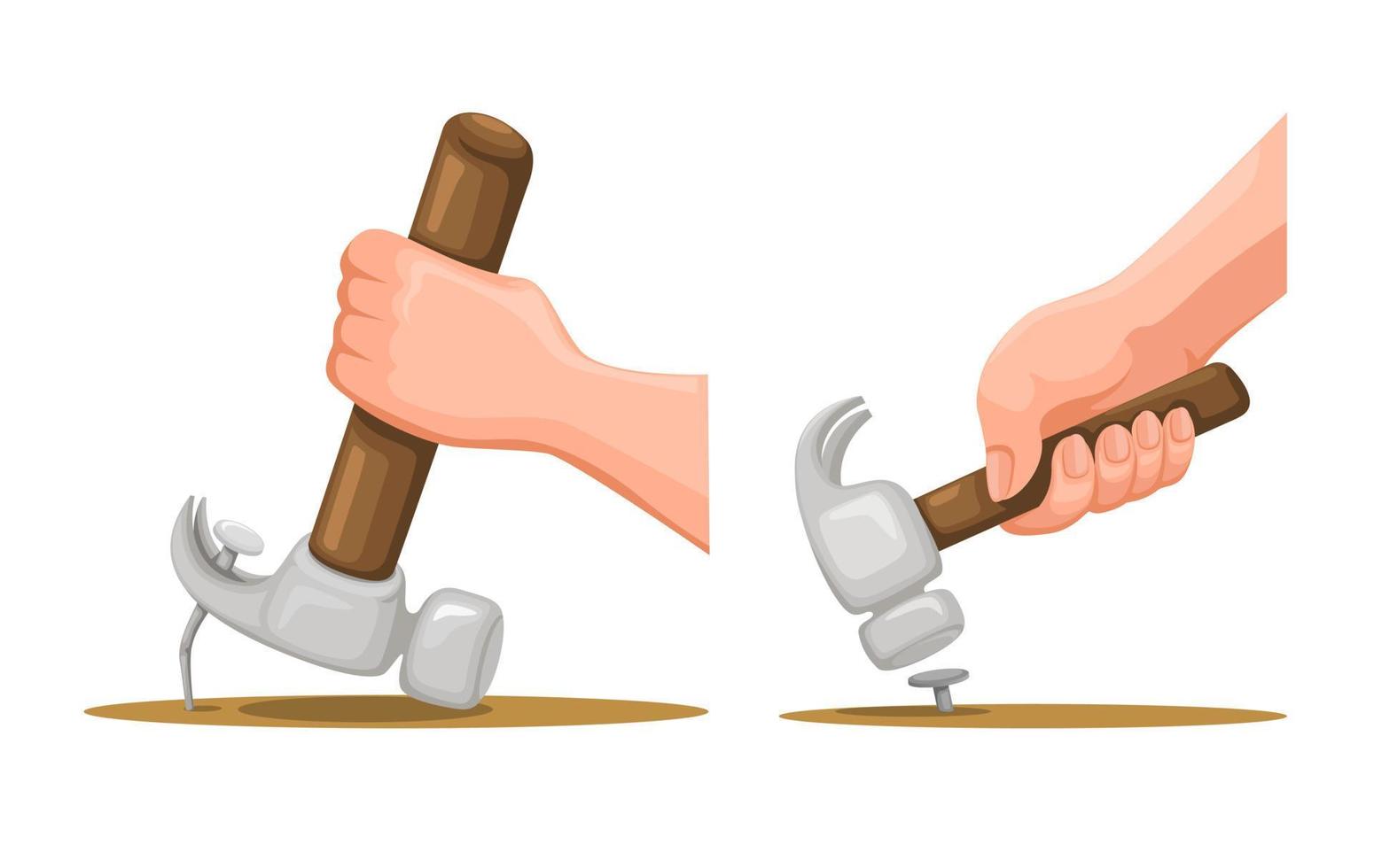mano usando un martillo para poner y quitar el símbolo del clavo establece el vector de ilustración de dibujos animados
