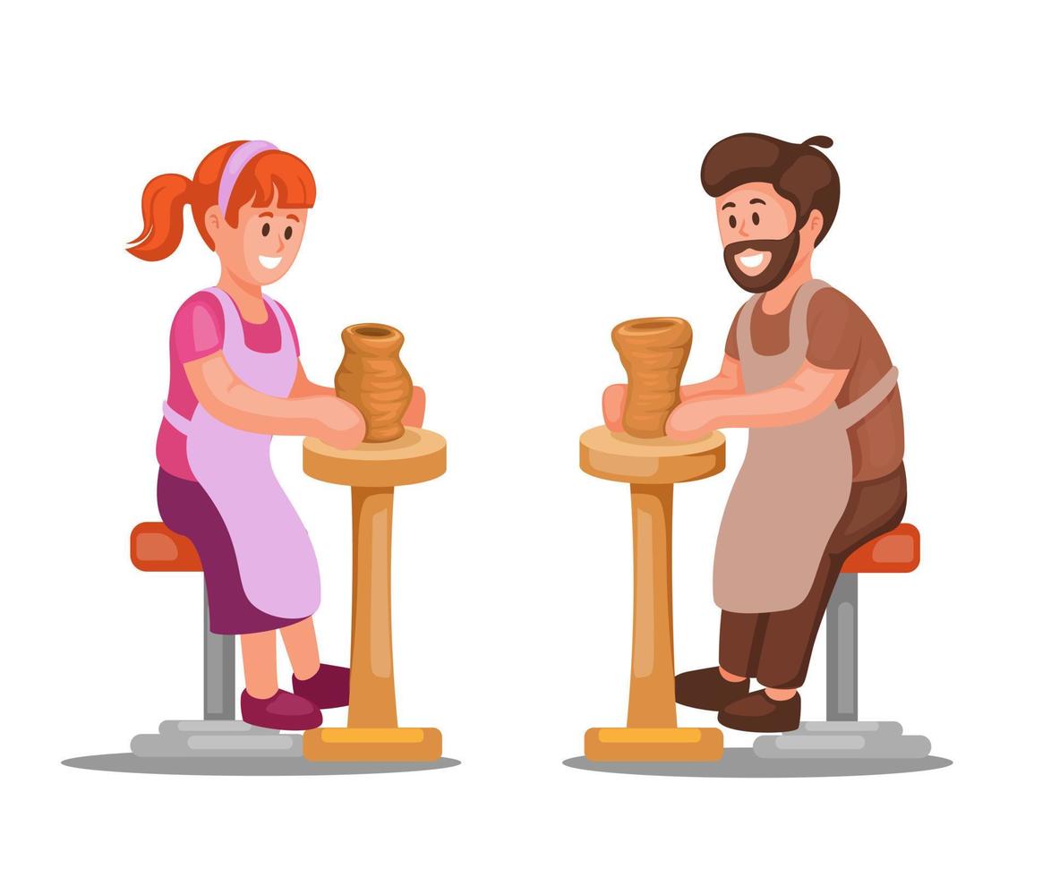 People in potter class making clay vase, craft handmade artist illustration vector
