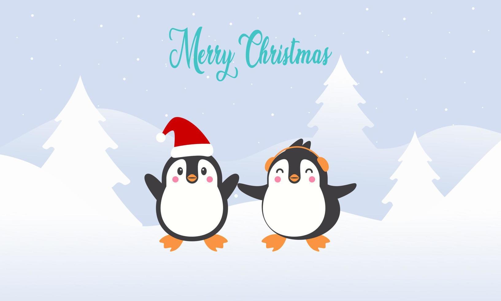 Tarjeta de feliz navidad con lindos pingüinos de invierno ilustración vectorial vector