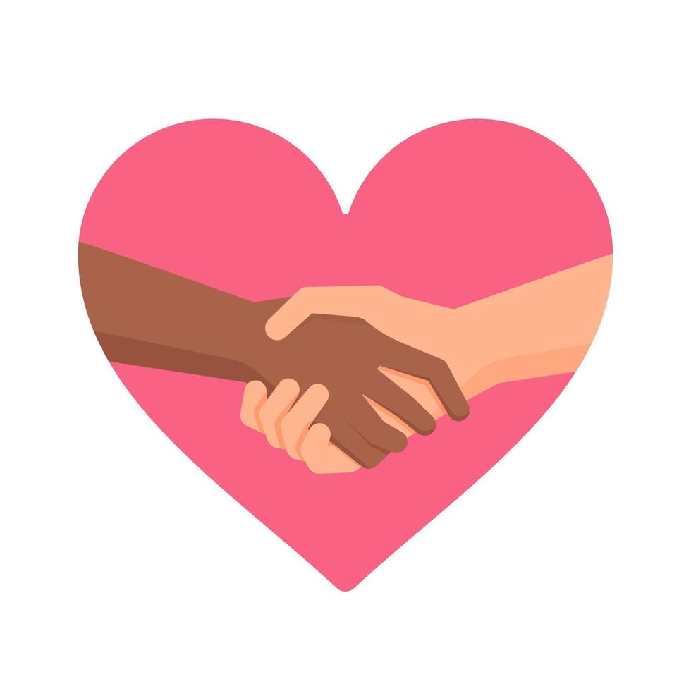 Todos somos del mismo color. ilustración vectorial de apretón de manos. racismo. manos humanas en un corazón rosa. vector
