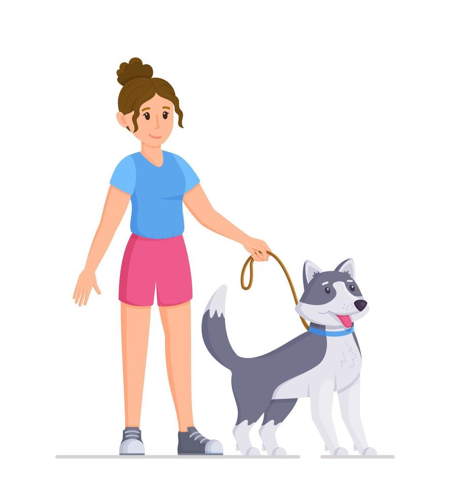 A young girl is holding a dog by the leash. Vector illustration of girl and dog. Walking a pet.