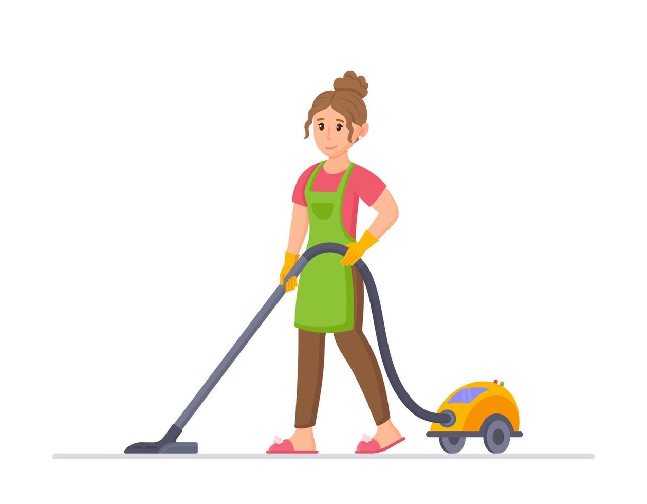 Woman vacuuming house. Young woman in apron holding vacuum cleaner. vector