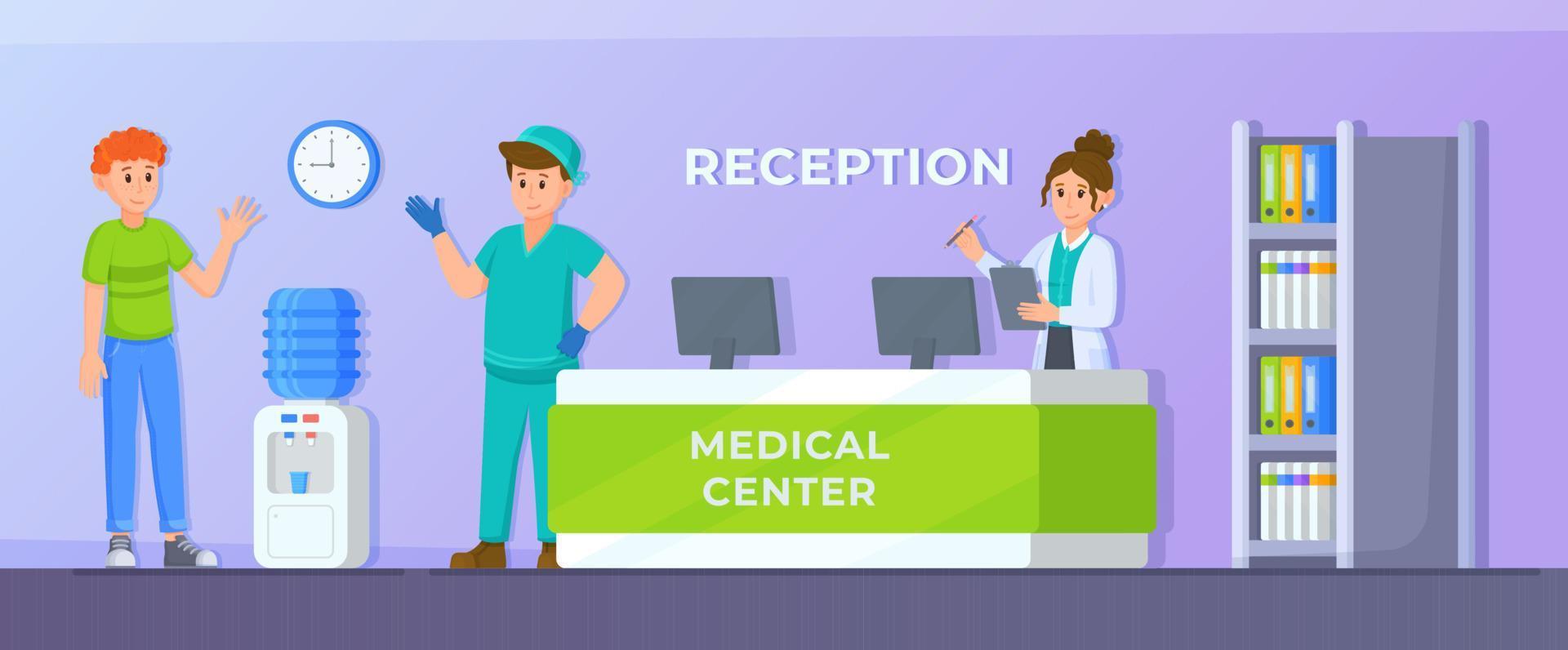 Vector flat-panel illustration. Modern interior of the hospital waiting room with furniture and equipment.