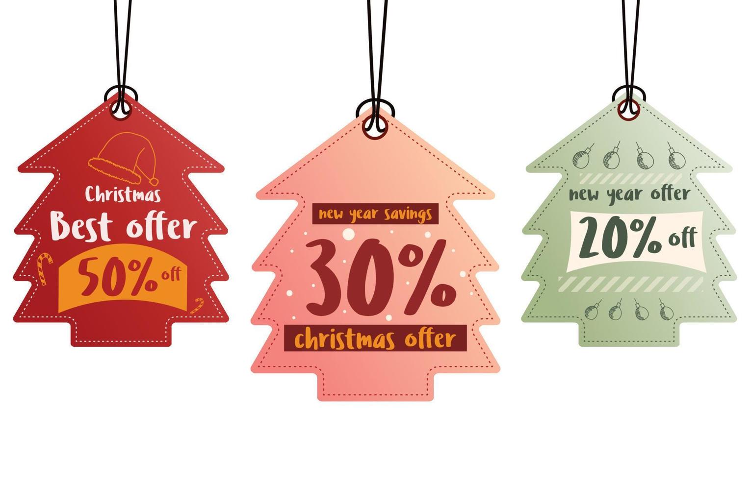 establecer la etiqueta de precio de venta de papel de navidad. etiqueta cuadrada roja y dorada y elementos dibujados a mano de nieve, colgando con texto de descuento de oferta para la ilustración de vector de promoción de vacaciones de compras de año nuevo.