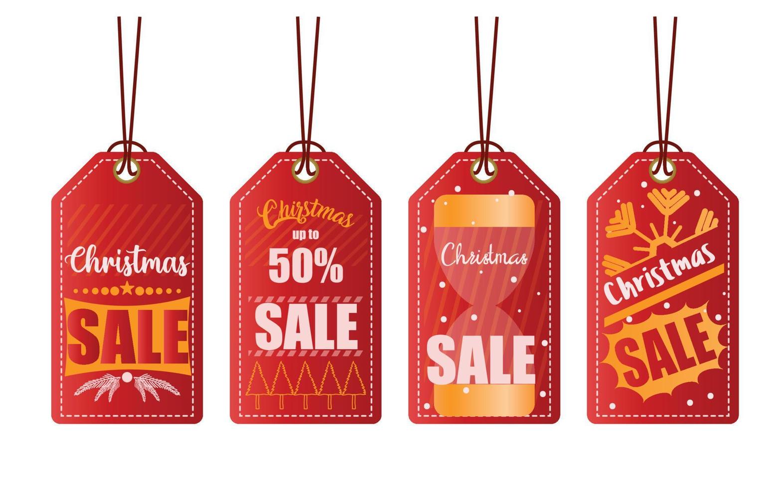 christmas red paper sale price tag. red and golden square label and snow hand drawn elements, hanging with discount text for new year shopping holiday promotion Vector illustration.