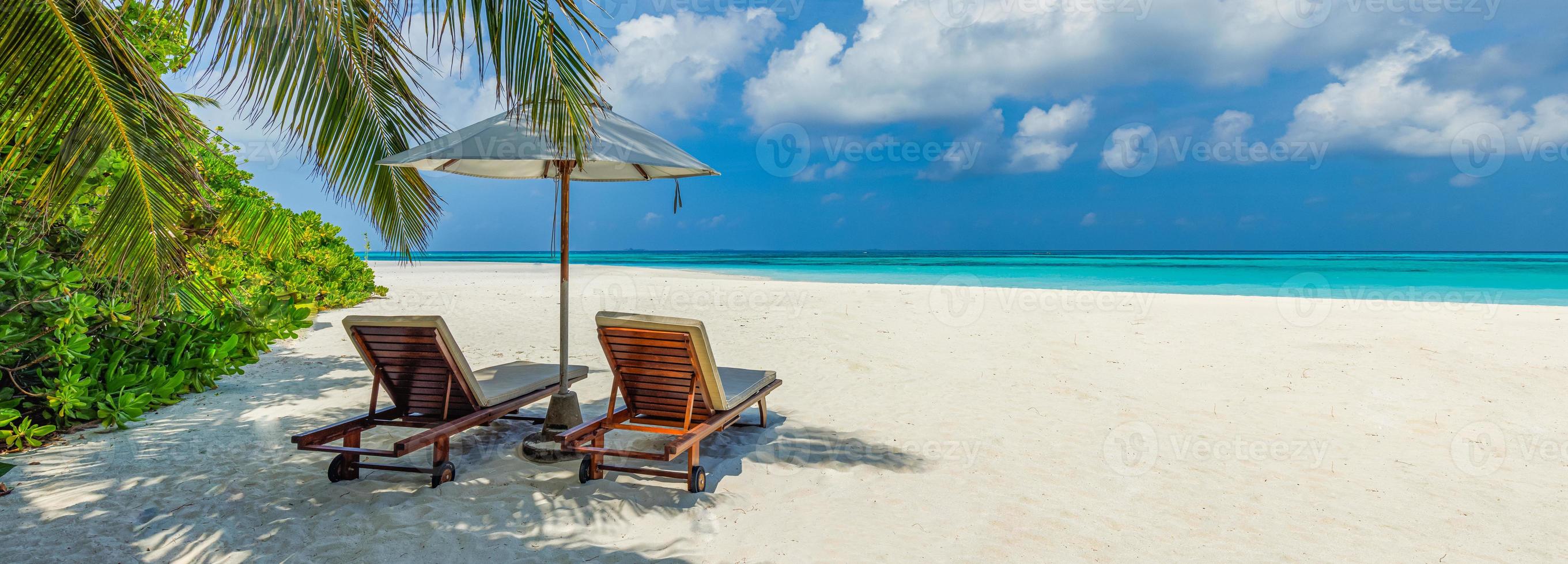 Beautiful tropical beach banner. White sand and coco palms travel tourism wide panorama background concept. Amazing beach landscape. Boost up color process. Luxury island resort vacation or holiday photo