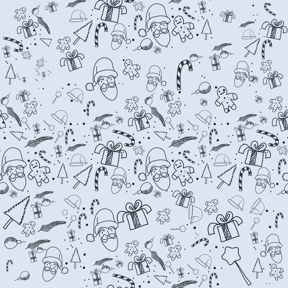 seamless pattern christmas and happy new year greeting card,decoration with snow,santa claus,gifts and sweets,festival doodle style,background vector illustration