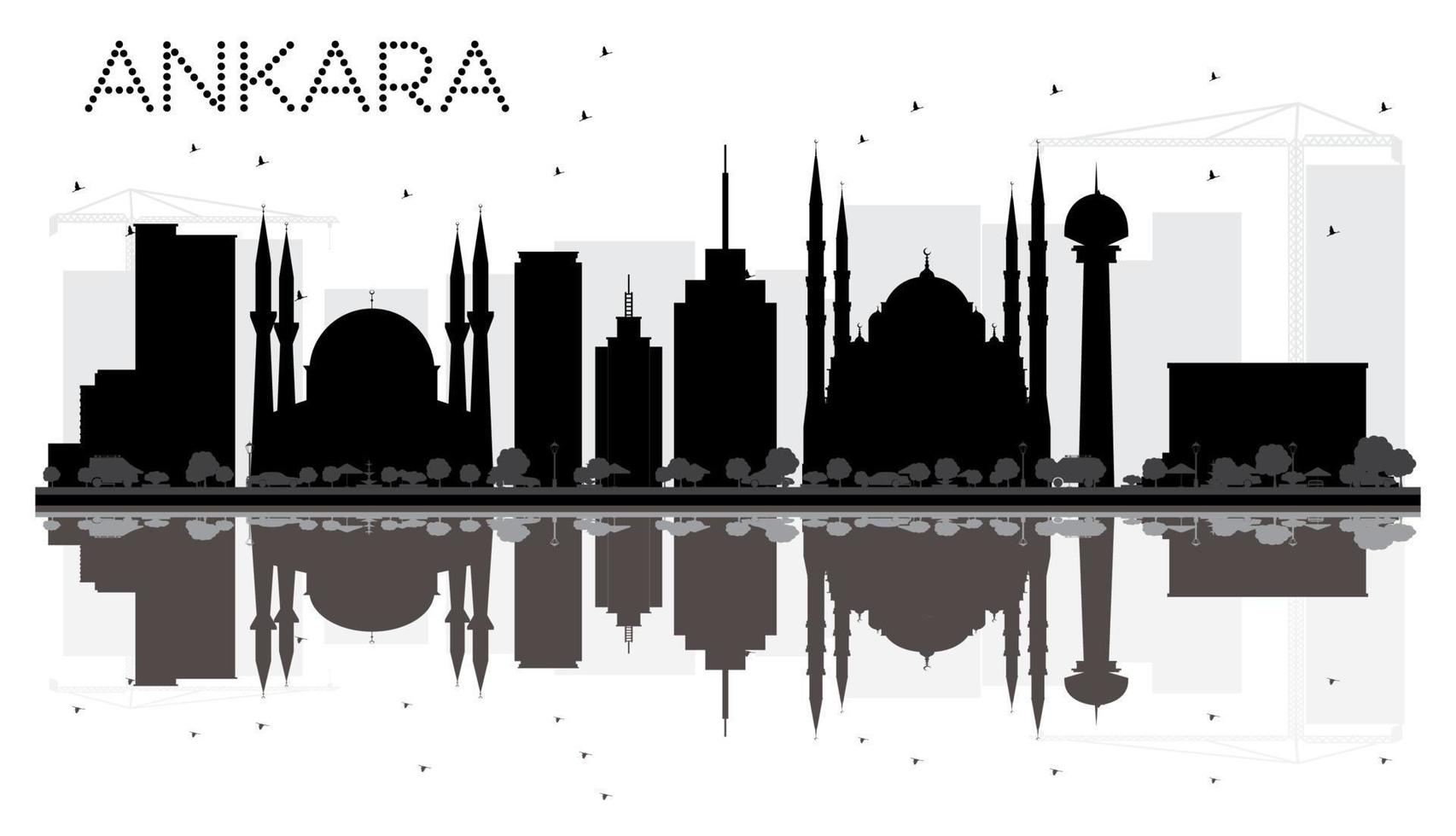 ankara city skyline silueta en blanco y negro con reflejos. vector