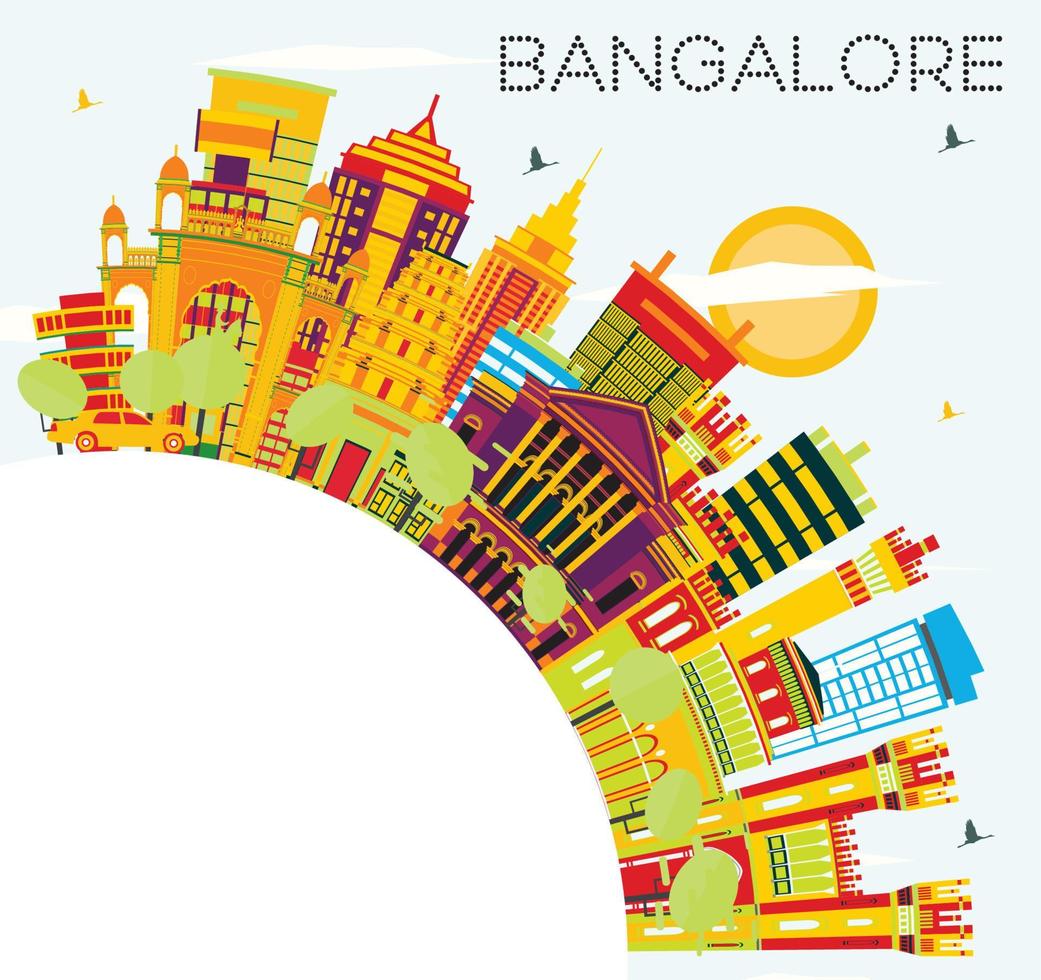 horizonte de bangalore con edificios de color, cielo azul y espacio de copia. vector