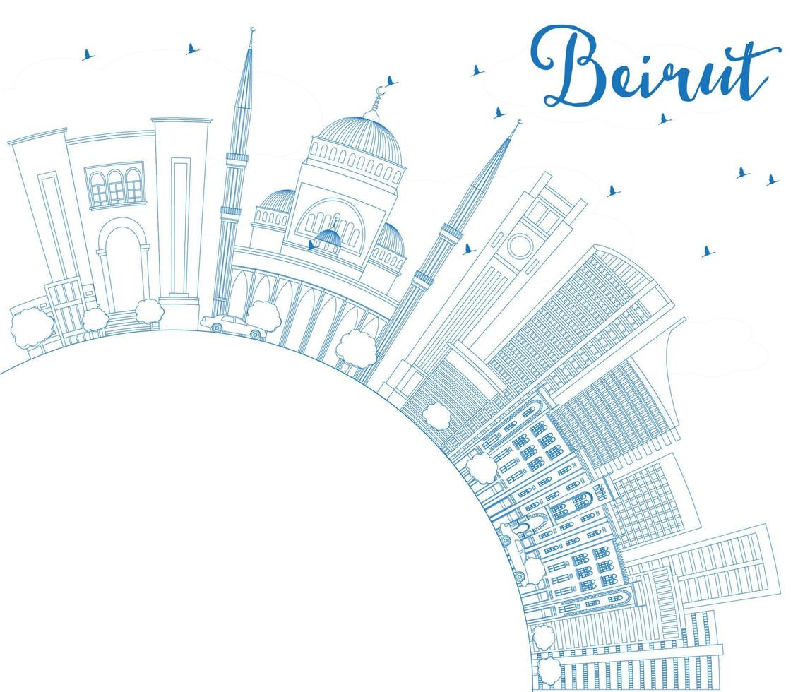 Outline Beirut Skyline with Blue Buildings and Copy Space. vector