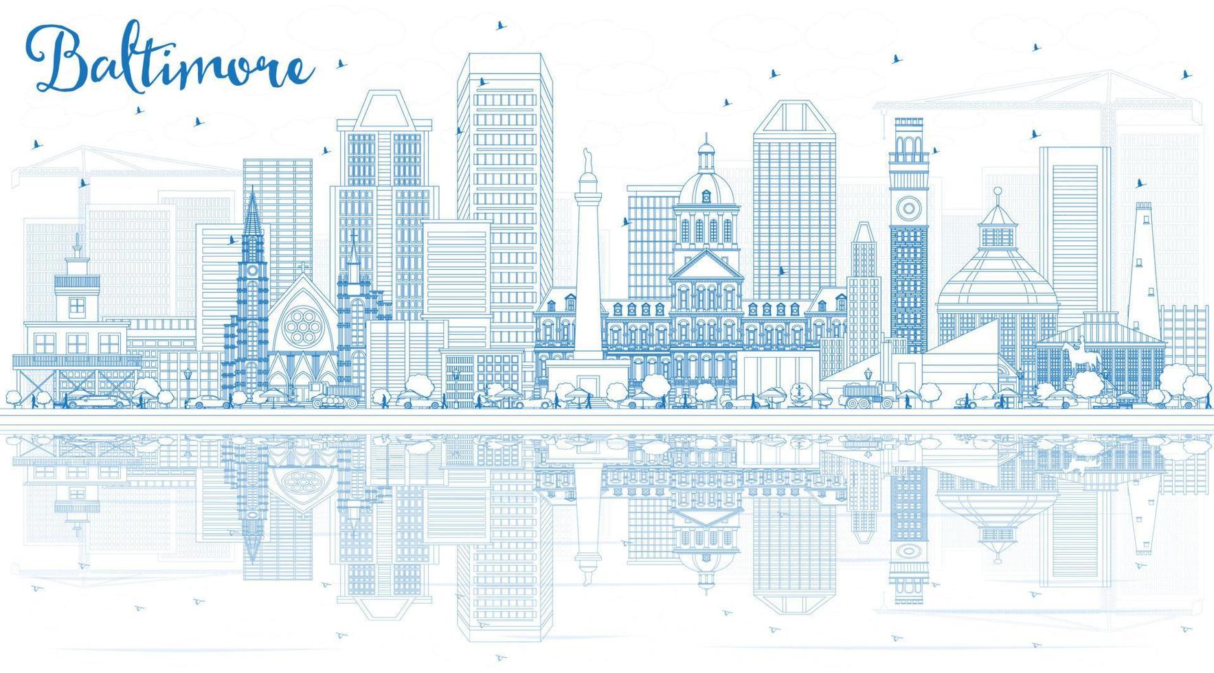 Outline Baltimore Skyline with Blue Buildings and Reflections. vector