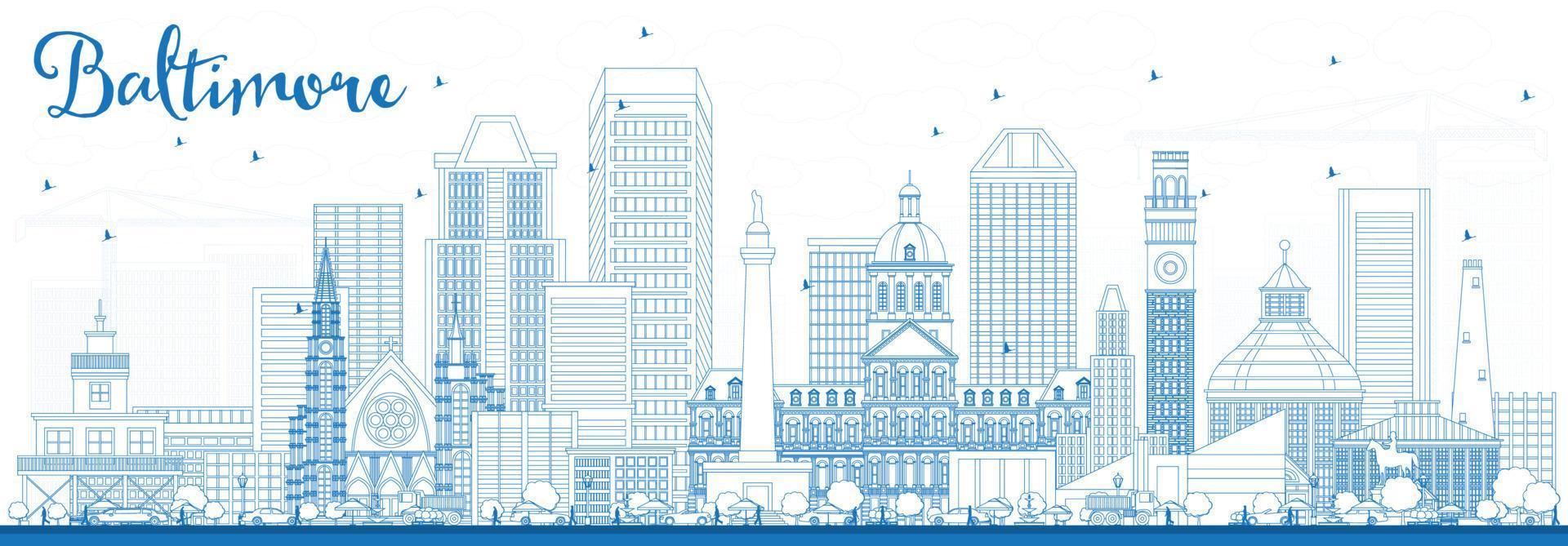 Outline Baltimore Skyline with Blue Buildings. vector
