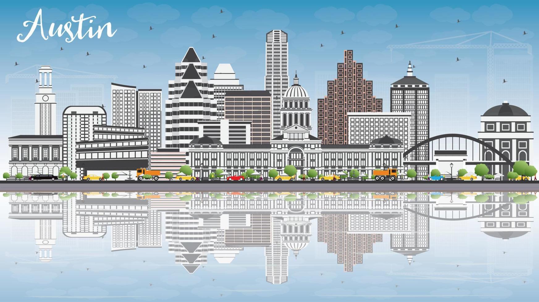 Austin Skyline with Gray Buildings, Blue Sky and Reflections. vector