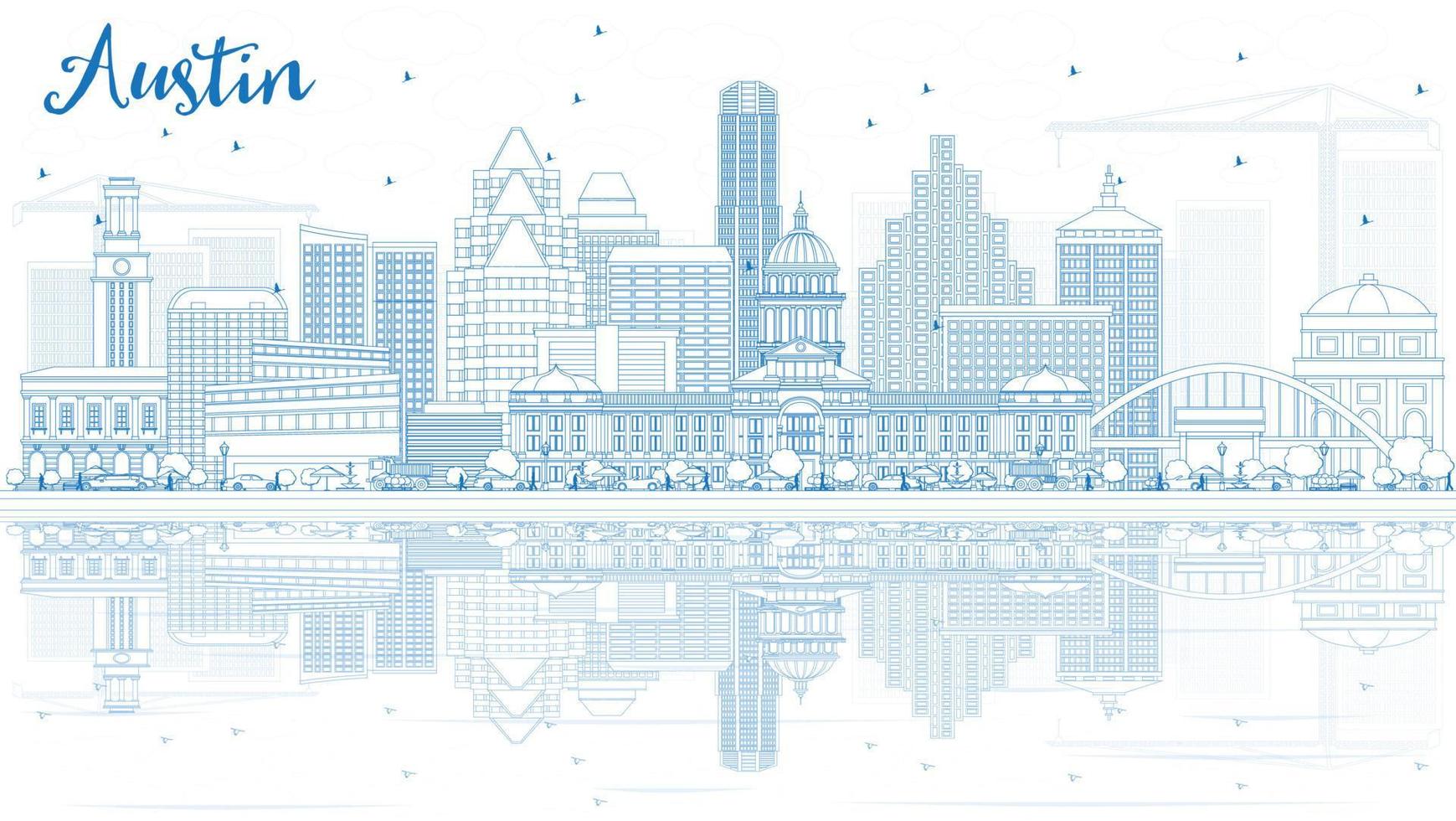 Outline Austin Skyline with Blue Buildings and Reflections. vector