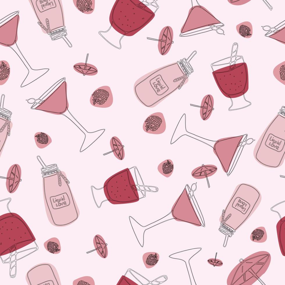 patrón vectorial sin costuras con cóctel, vidrio, frutas en el fondo rosa. vector