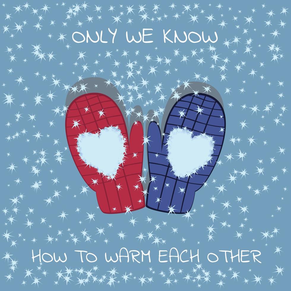 A beautiful image, a postcard for Valentine's Day on February 14 with red and blue mittens, gloves in which hearts lie on a blue background. vector