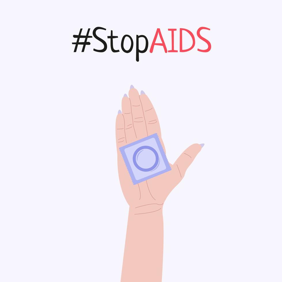 Person holding in hand condom. Condom for safe sex. Vector flat style illustration on background.